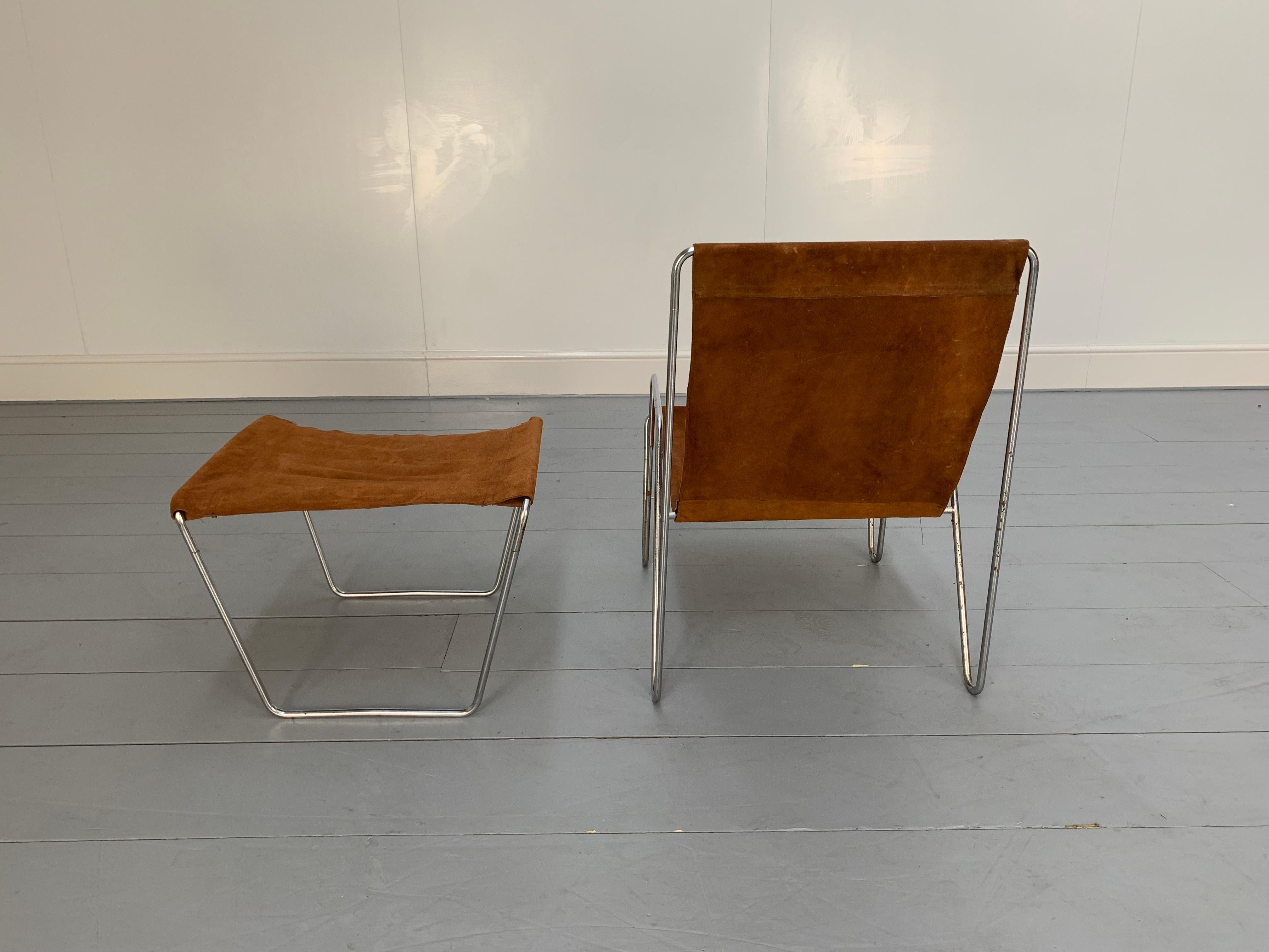 Mid-20th Century Rare Fritz Hansen “Bachelor” Lounge Chair & Footstool in Suede Leather & Chrome For Sale