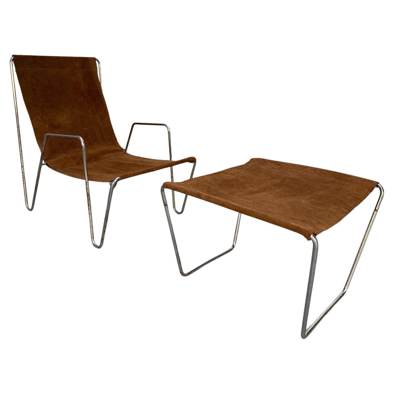 Rare Fritz Hansen “Bachelor” Lounge Chair & Footstool in Suede Leather & Chrome For Sale