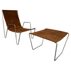 Rare Fritz Hansen “Bachelor” Lounge Chair & Footstool in Suede Leather & Chrome
