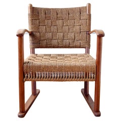 Rare Fritz Hansen Lounge Chair, Beech and Woven Seagrass, Denmark, 1940s
