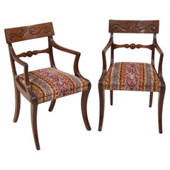 Rare Full Set Of 12 Regency Period Carved Mahogany Elbow Dining Armchairs Seats