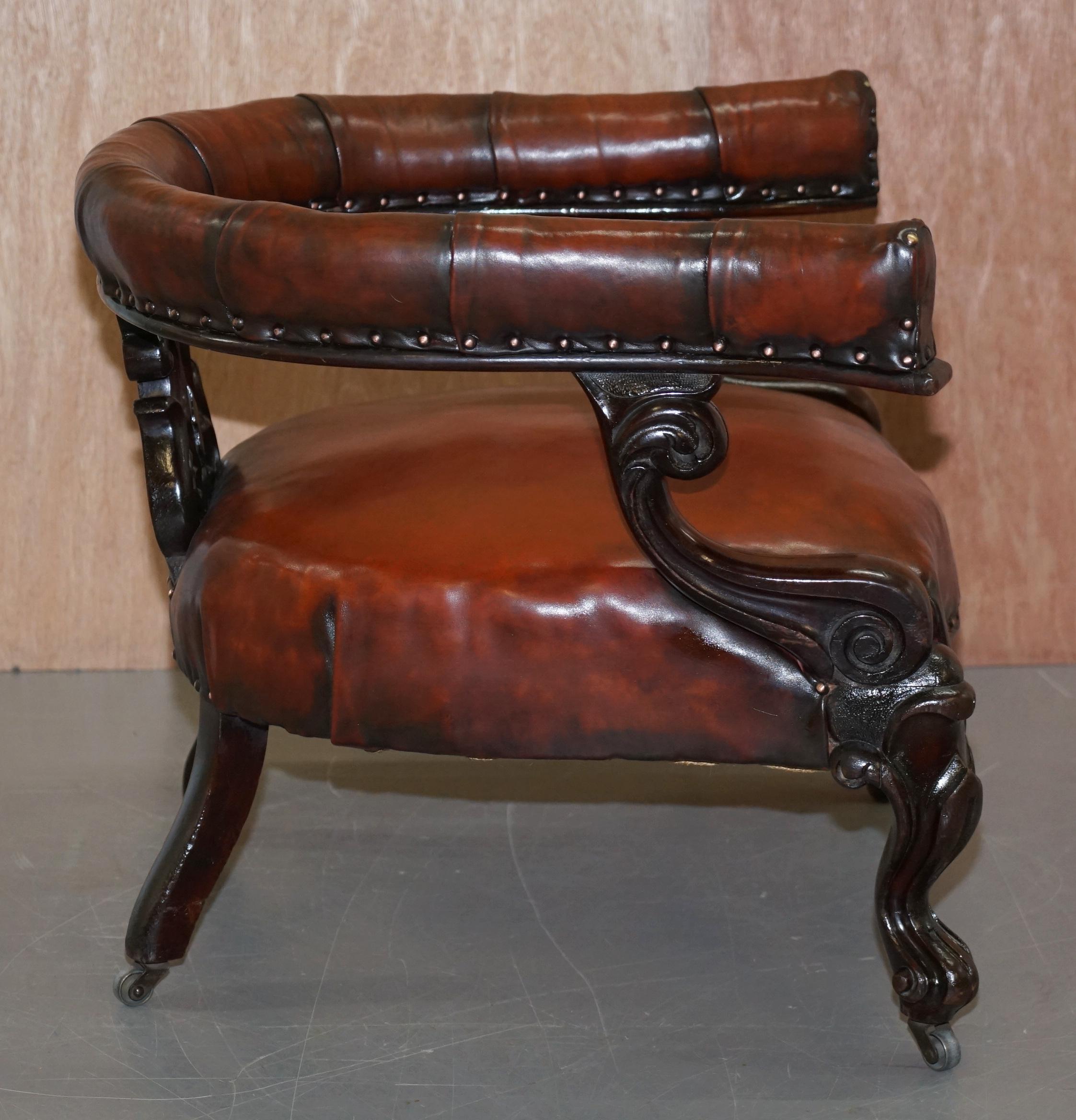 Rare Fully Restored Regency Show Framed Carved Hardwood Brown Leather Armchair For Sale 5