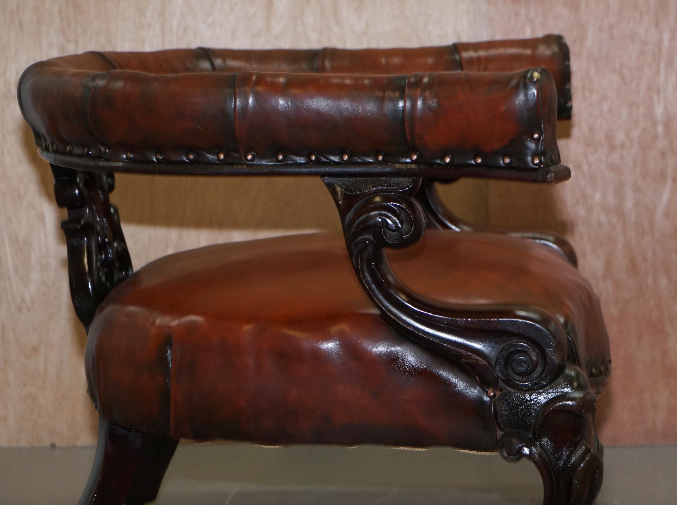 Rare Fully Restored Regency Show Framed Carved Hardwood Brown Leather Armchair For Sale 6