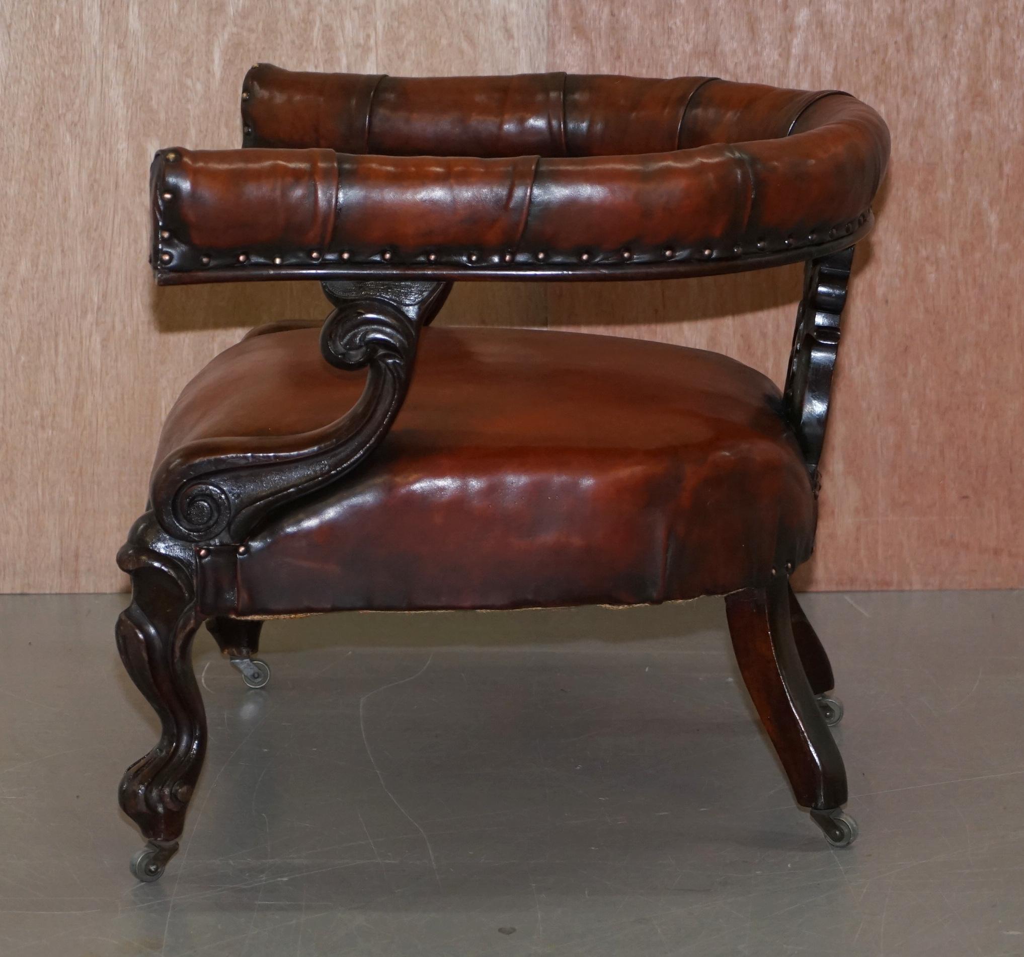 Rare Fully Restored Regency Show Framed Carved Hardwood Brown Leather Armchair For Sale 8