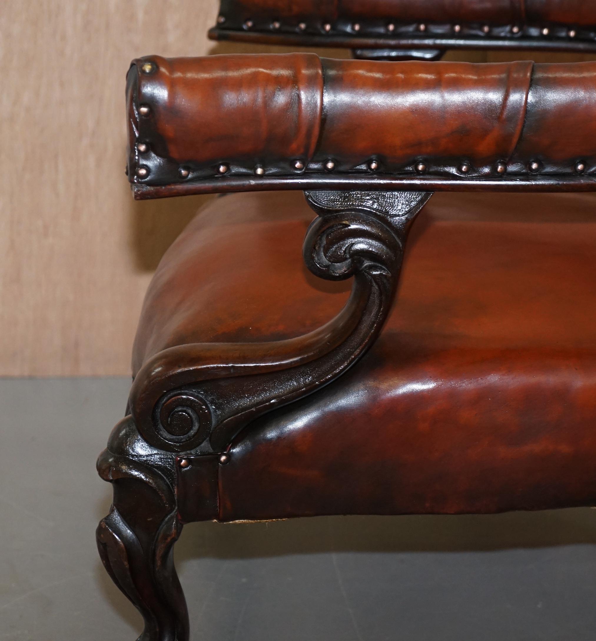 Rare Fully Restored Regency Show Framed Carved Hardwood Brown Leather Armchair For Sale 9