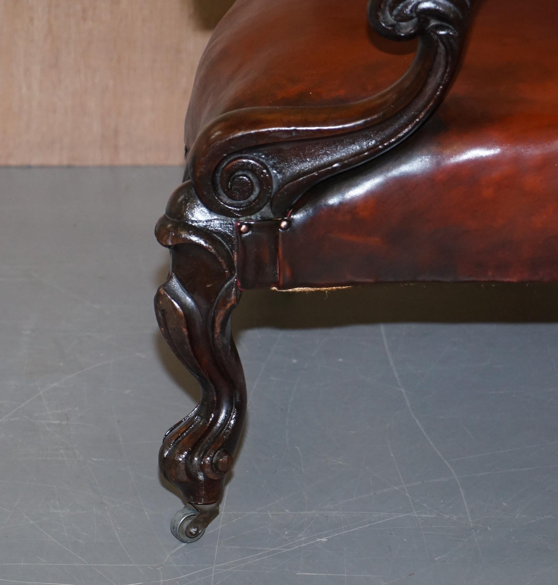 Rare Fully Restored Regency Show Framed Carved Hardwood Brown Leather Armchair For Sale 10