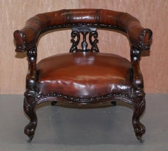 Rare Fully Restored Regency Show Framed Carved Hardwood Brown Leather Armchair