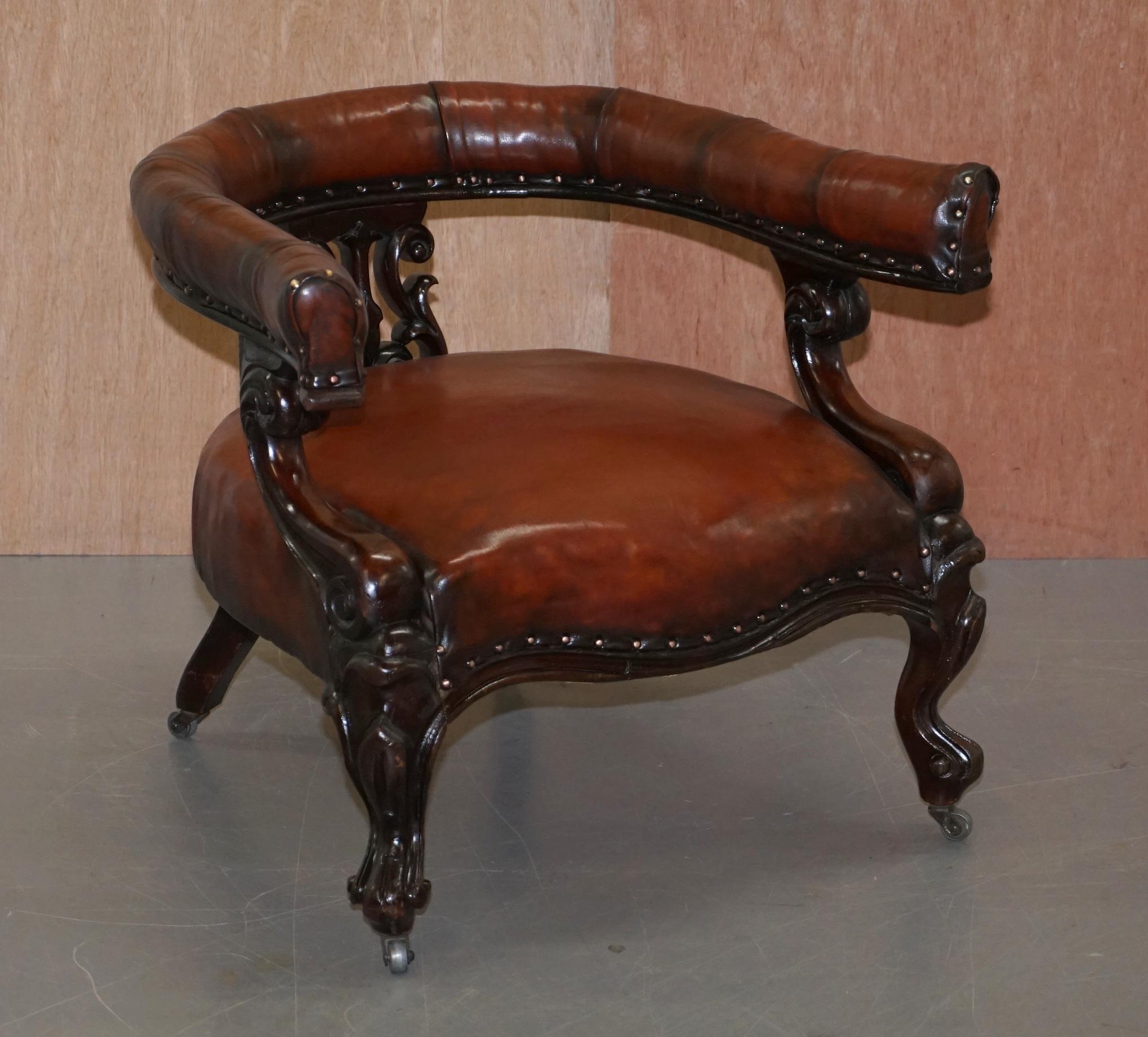 English Rare Fully Restored Regency Show Framed Carved Hardwood Brown Leather Armchair For Sale