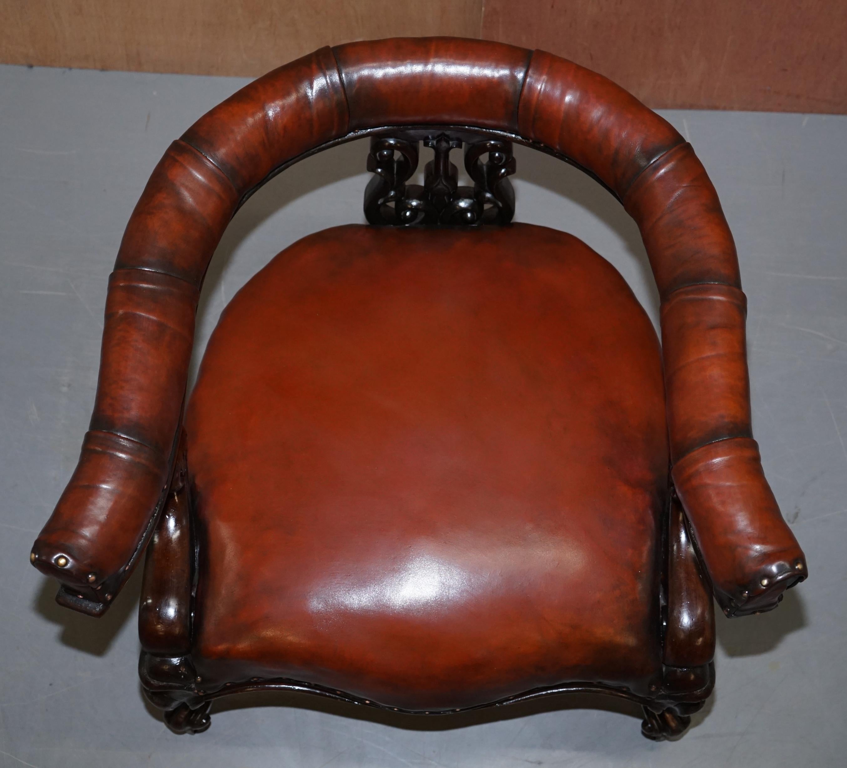 Hand-Crafted Rare Fully Restored Regency Show Framed Carved Hardwood Brown Leather Armchair For Sale