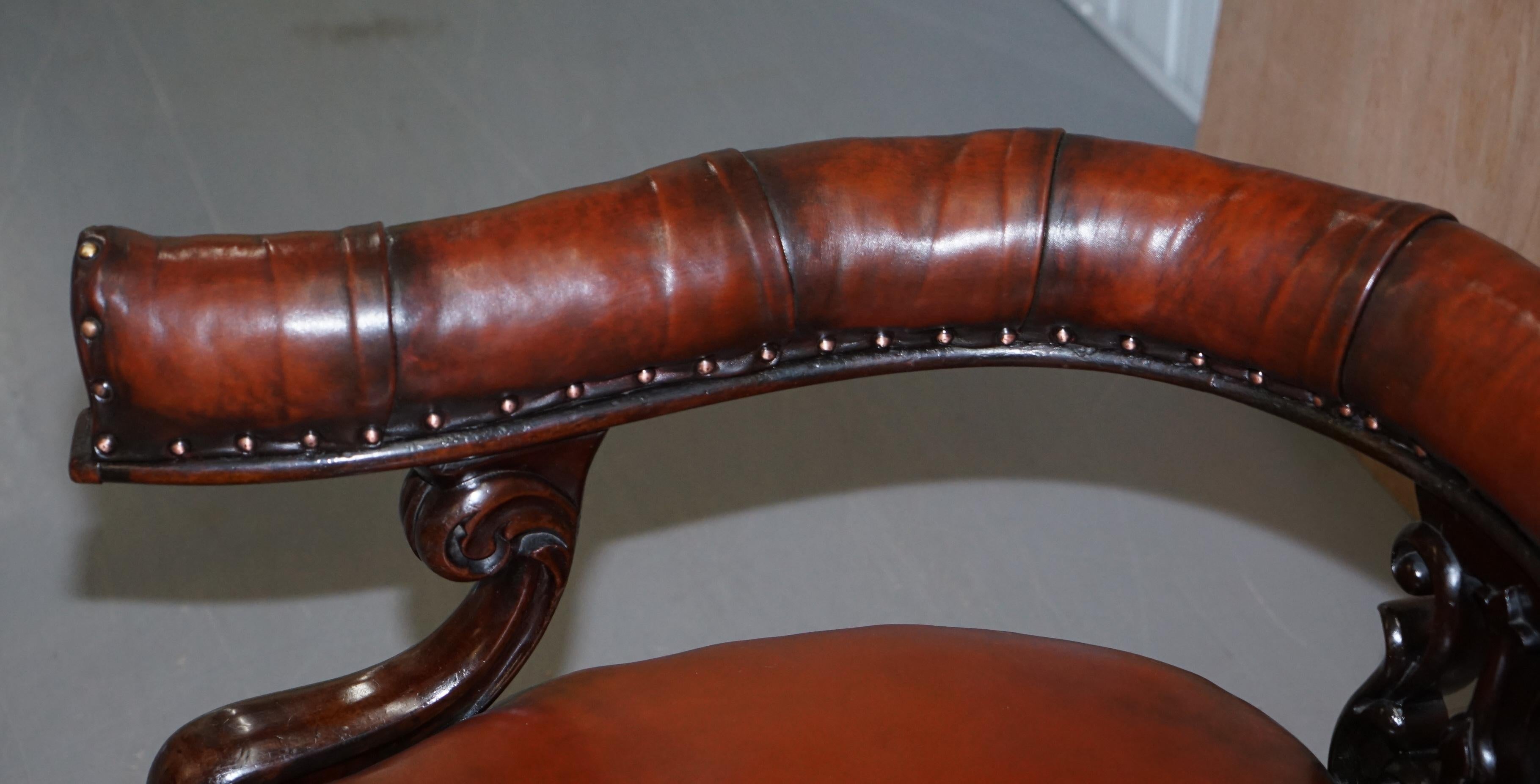Rare Fully Restored Regency Show Framed Carved Hardwood Brown Leather Armchair For Sale 1
