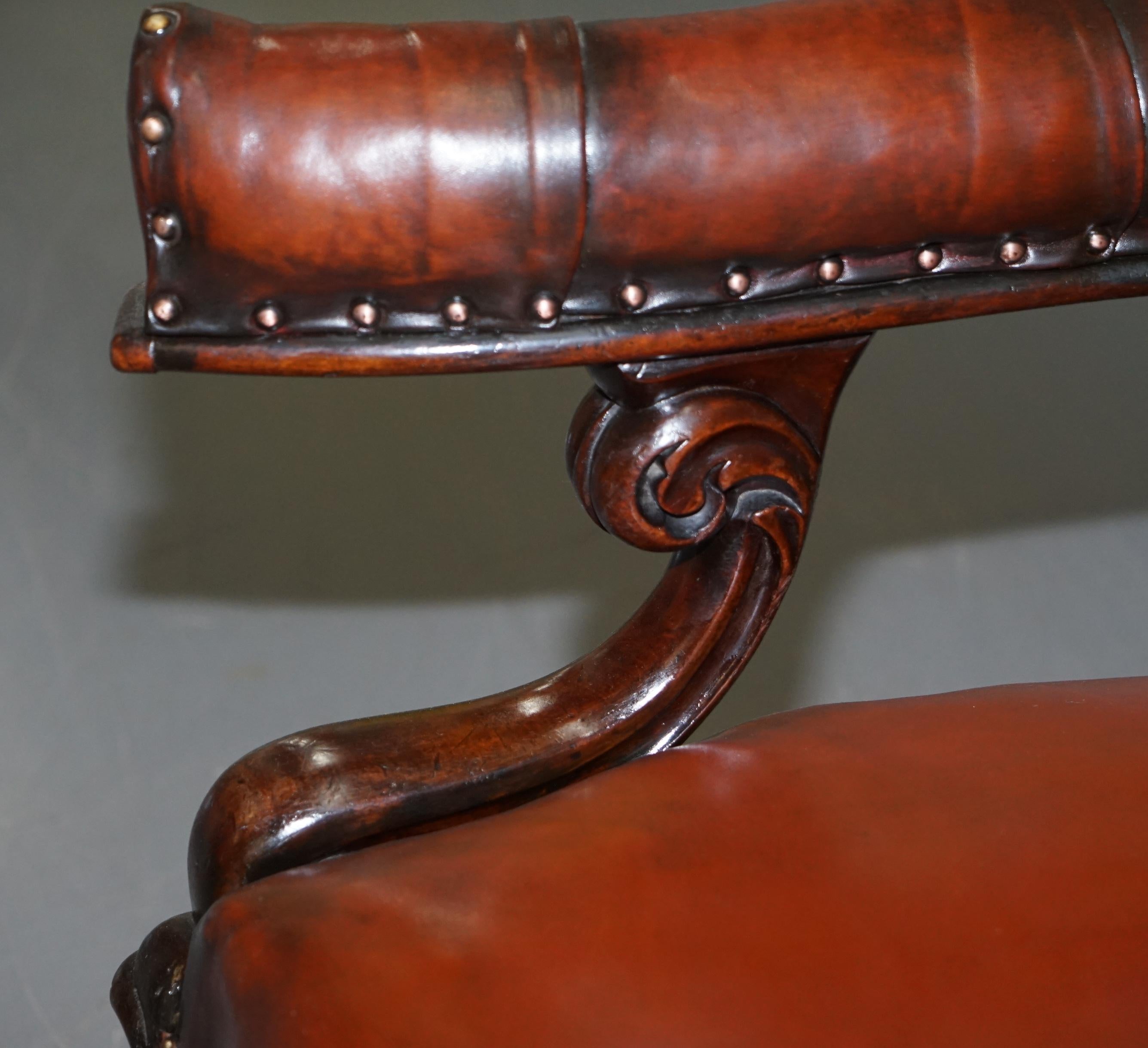 Rare Fully Restored Regency Show Framed Carved Hardwood Brown Leather Armchair For Sale 2