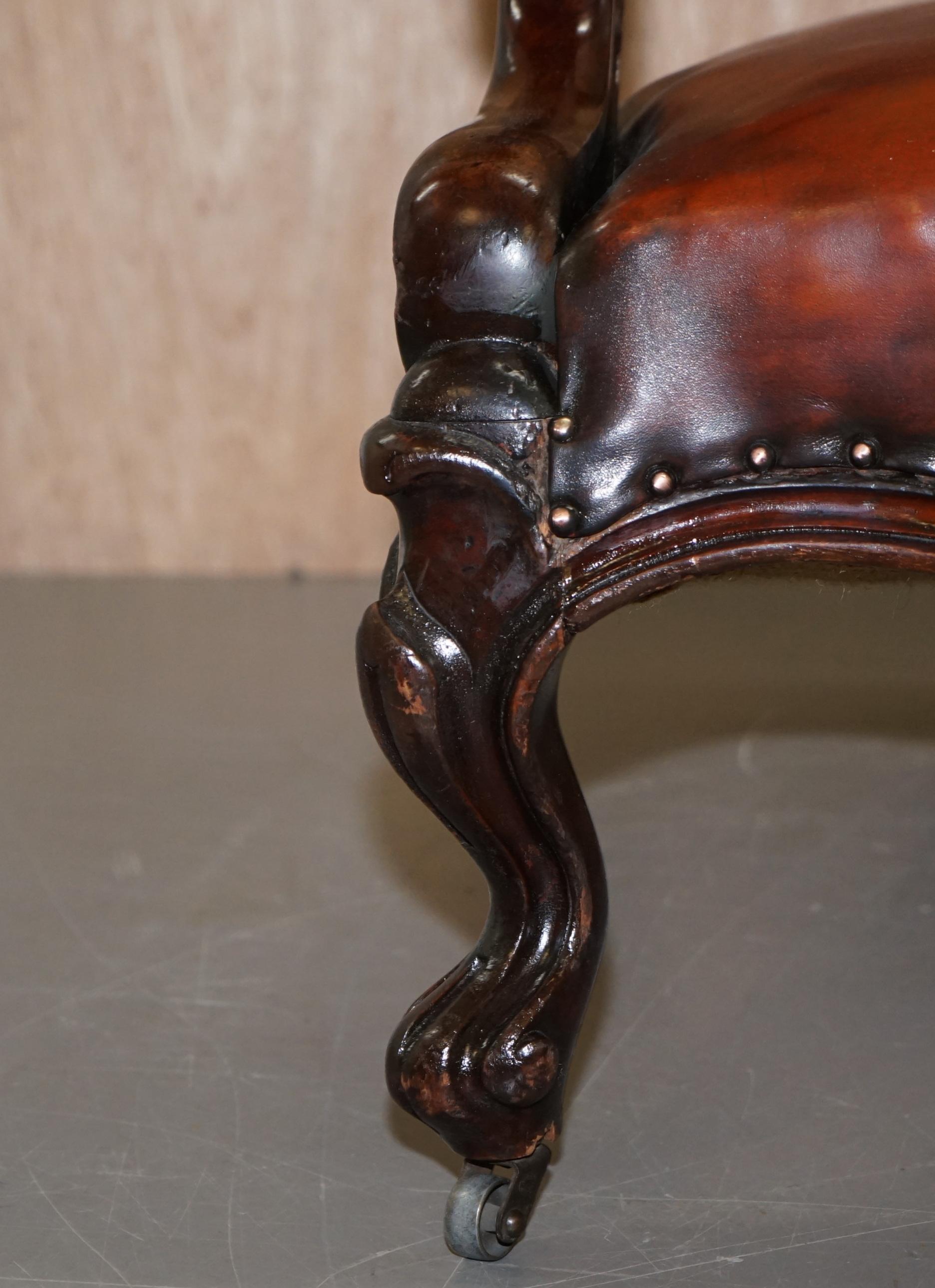 Rare Fully Restored Regency Show Framed Carved Hardwood Brown Leather Armchair For Sale 3