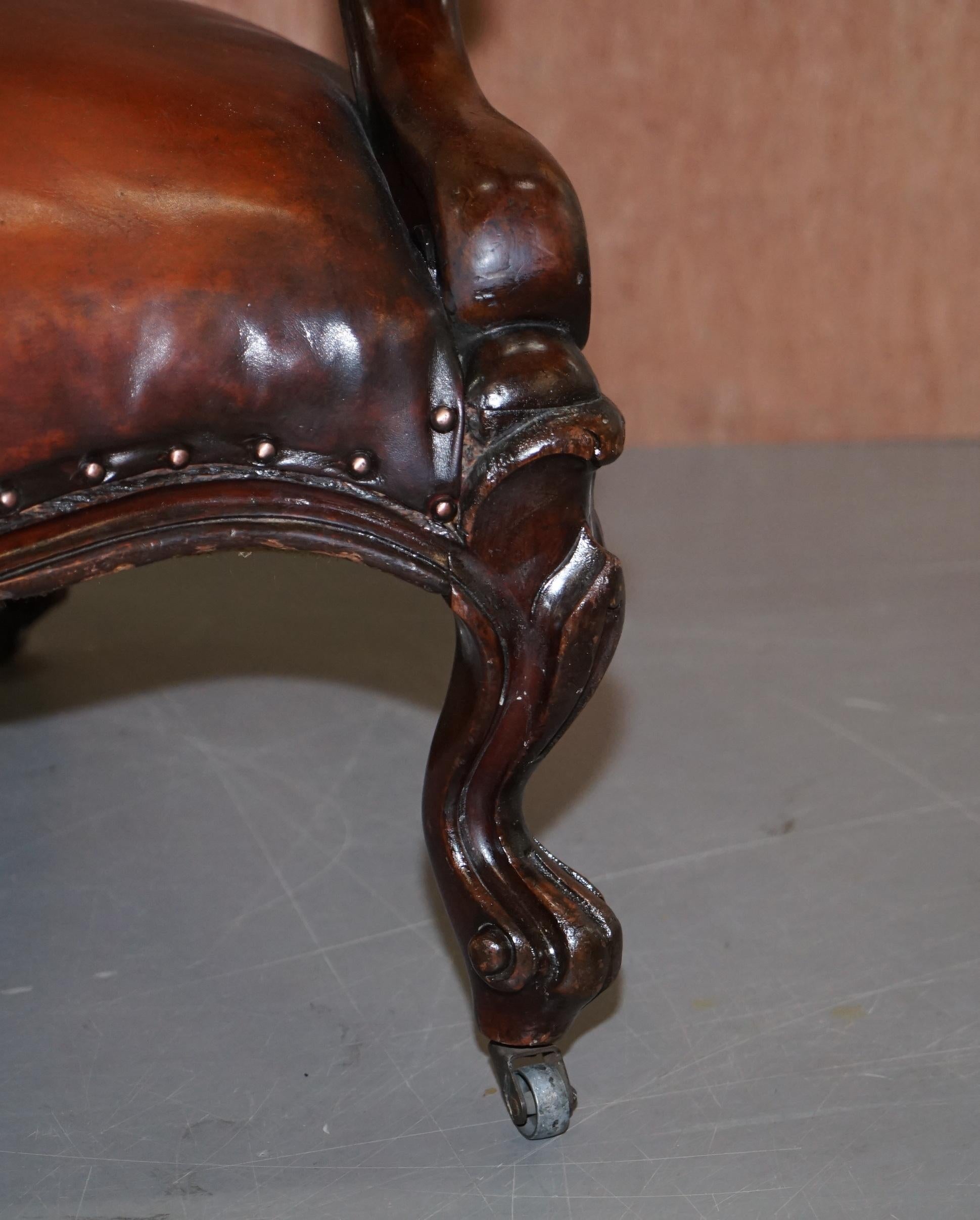 Rare Fully Restored Regency Show Framed Carved Hardwood Brown Leather Armchair For Sale 4