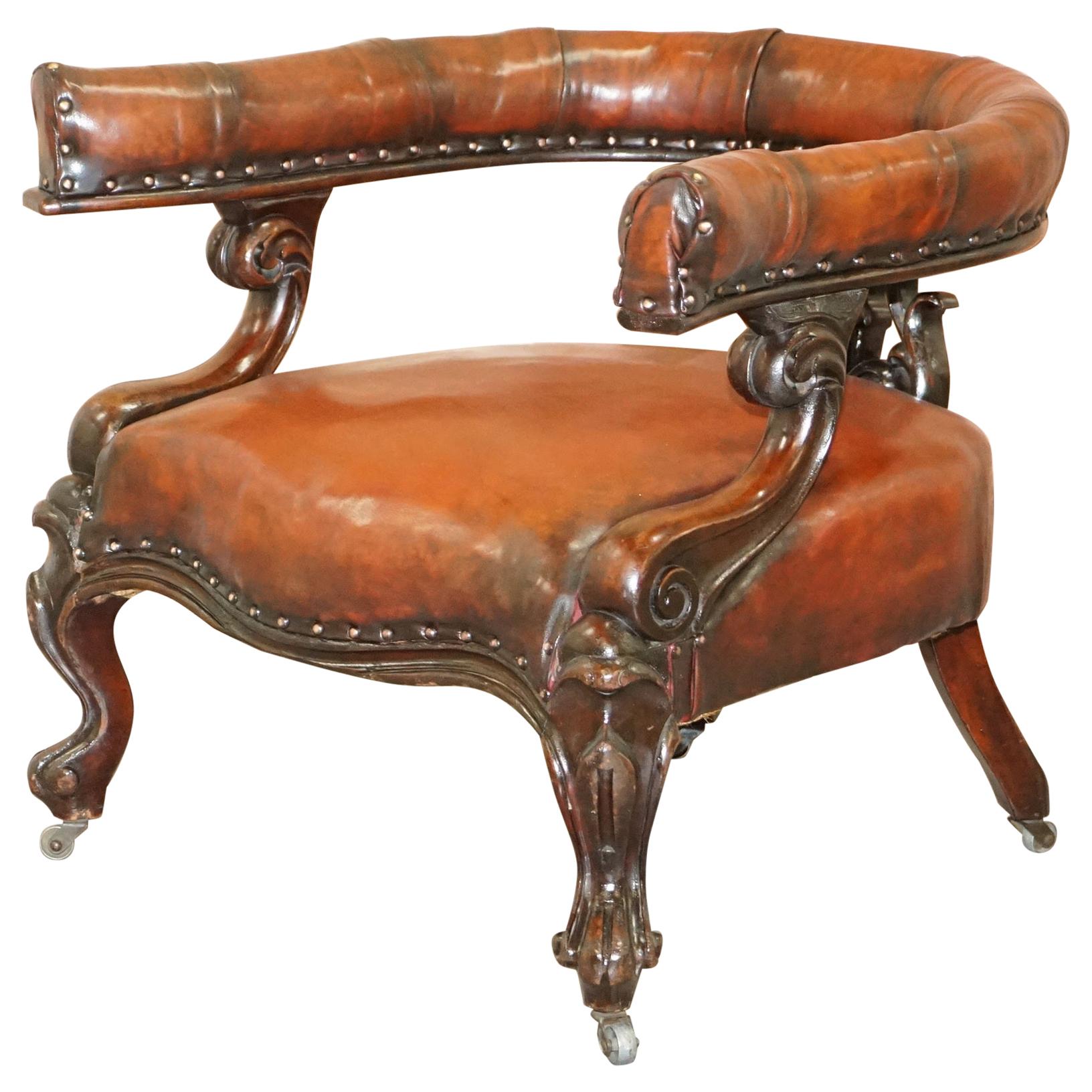 Rare Fully Restored Regency Show Framed Carved Hardwood Brown Leather Armchair For Sale