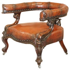 Rare Fully Restored Regency Show Framed Carved Hardwood Brown Leather Armchair