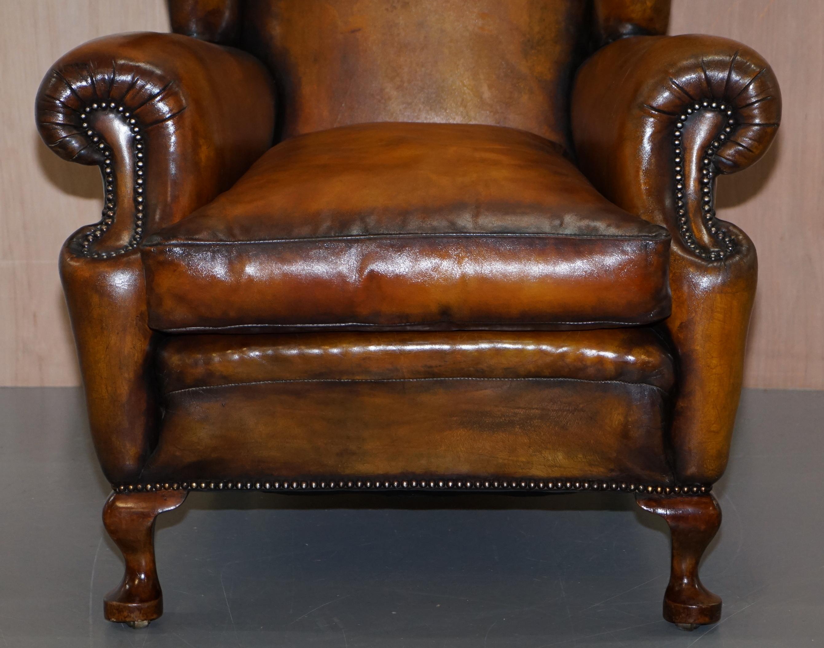 Rare Fully Restored Victorian Wingback Armchair Hand Dyed Brown Leather, Castors 6