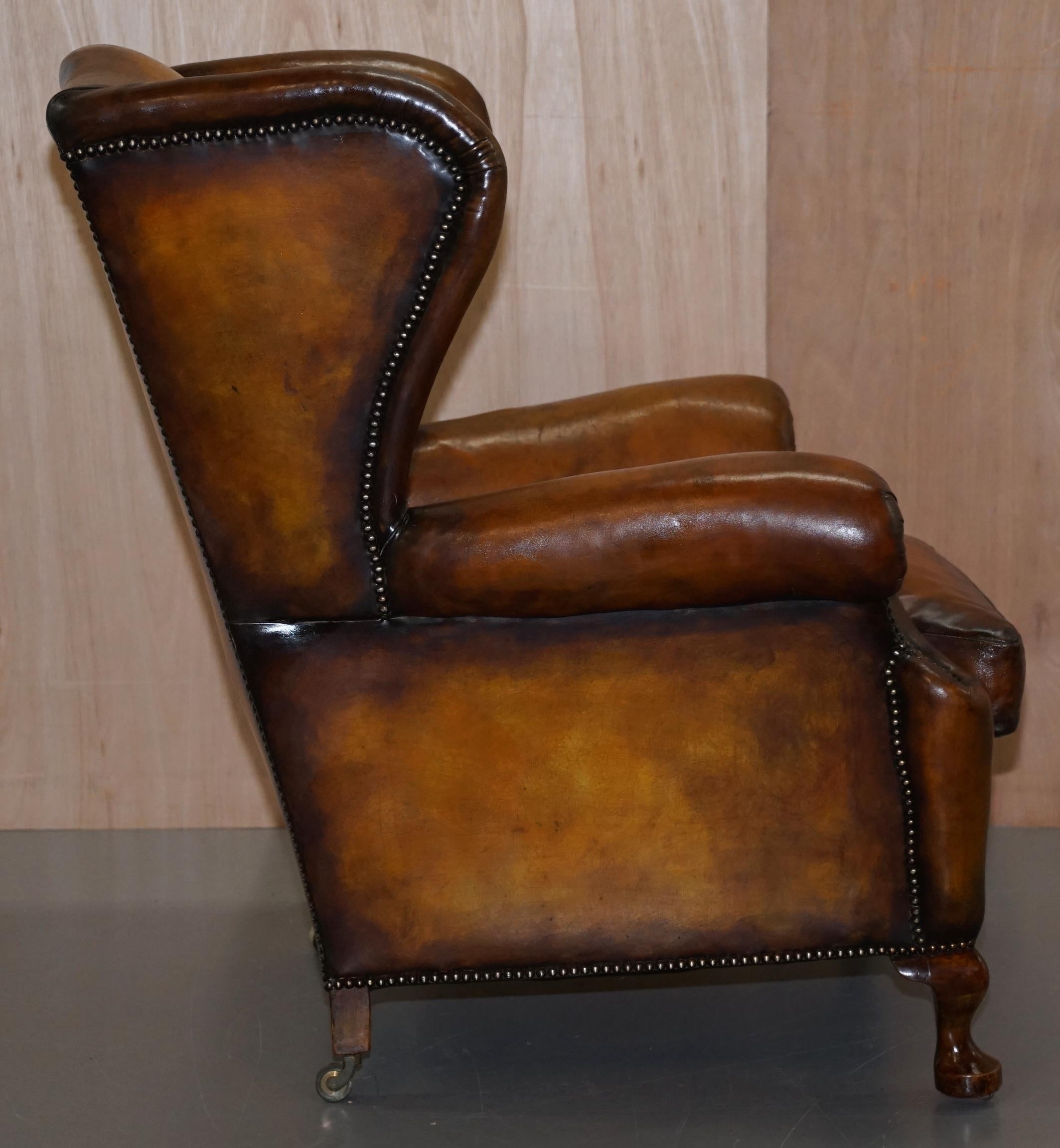 Rare Fully Restored Victorian Wingback Armchair Hand Dyed Brown Leather, Castors 8
