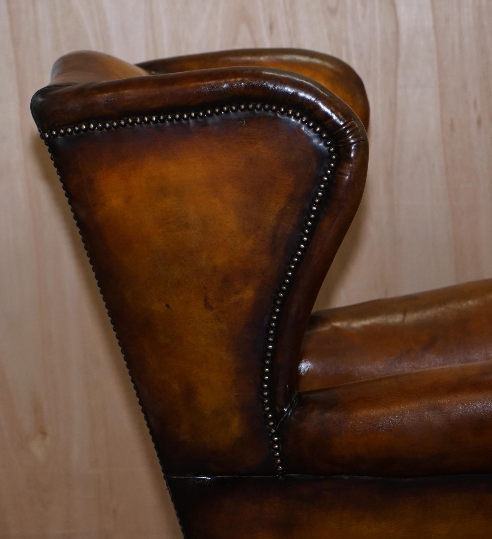 Rare Fully Restored Victorian Wingback Armchair Hand Dyed Brown Leather, Castors 9