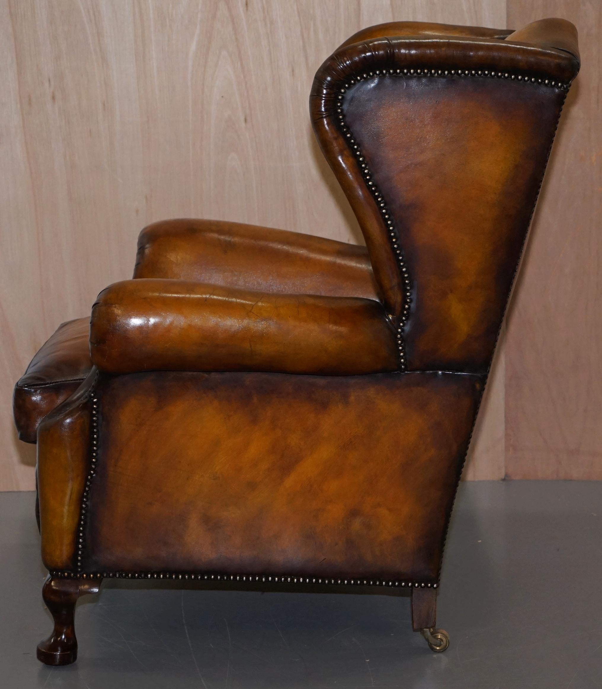 Rare Fully Restored Victorian Wingback Armchair Hand Dyed Brown Leather, Castors 13