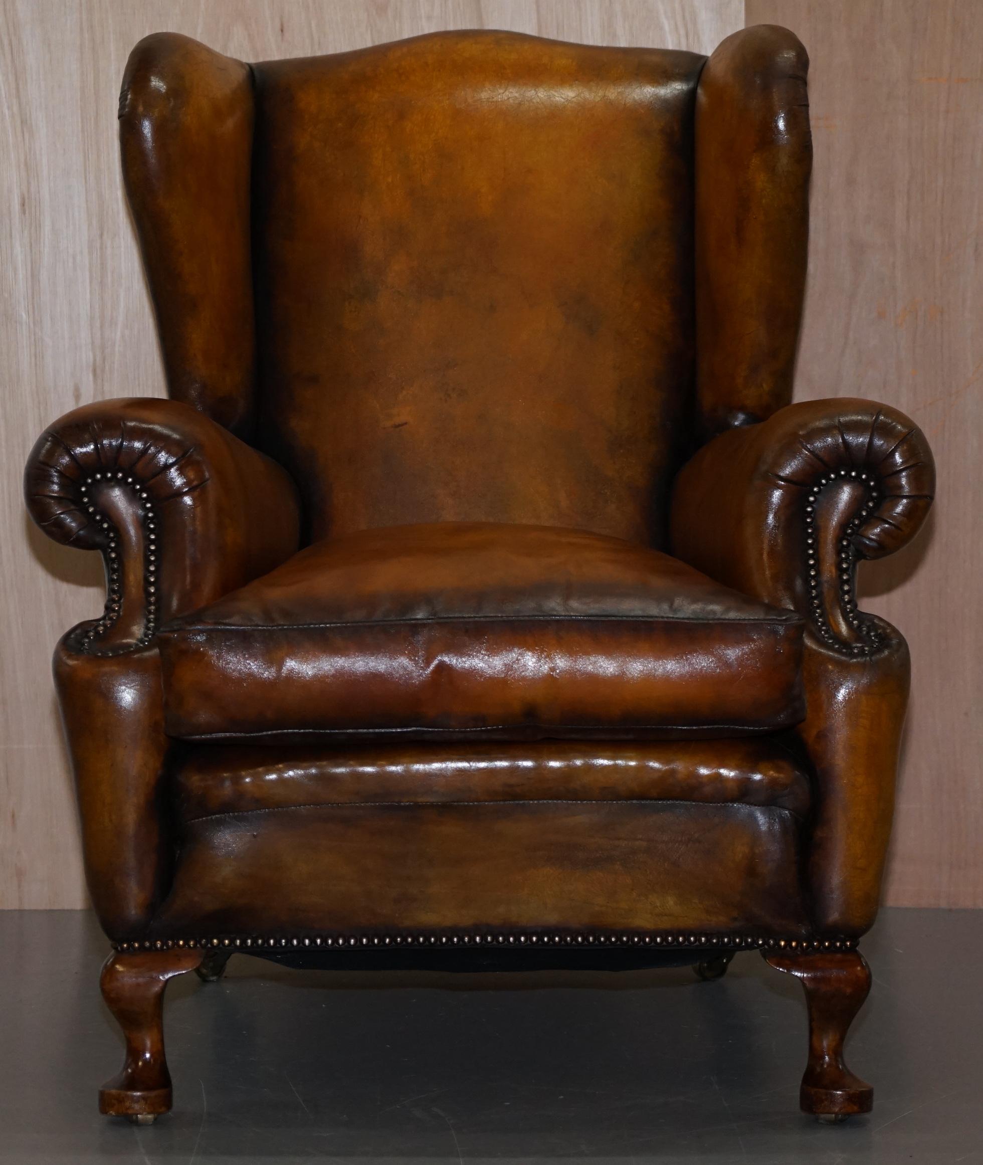 We are delighted to offer for sale this absolutely stunning fully restored Victorian circa 1880 Walnut framed brown leather wingback armchair with castors 

This chair has been fully restored to include being washed back, it has then been hand