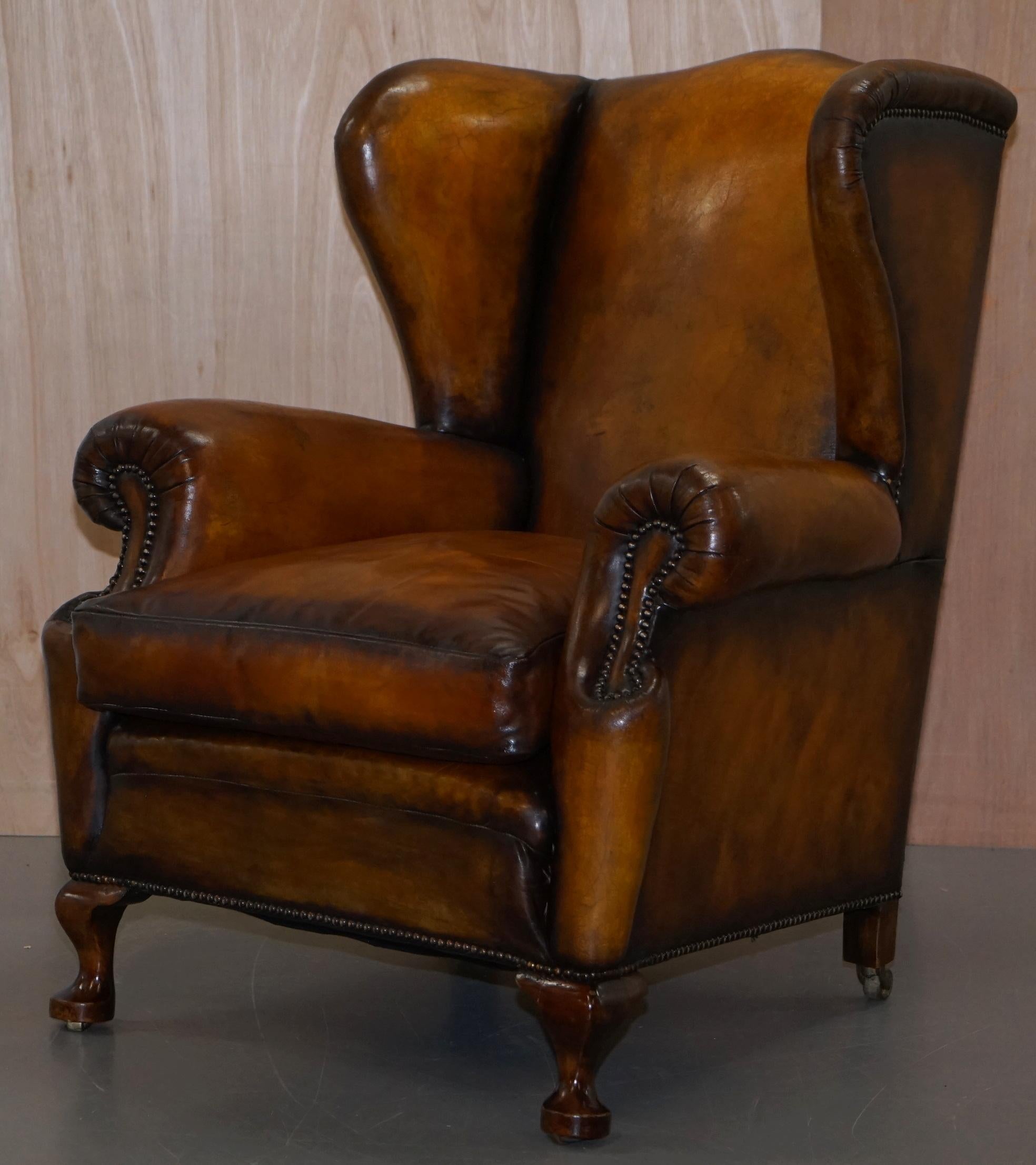 English Rare Fully Restored Victorian Wingback Armchair Hand Dyed Brown Leather, Castors