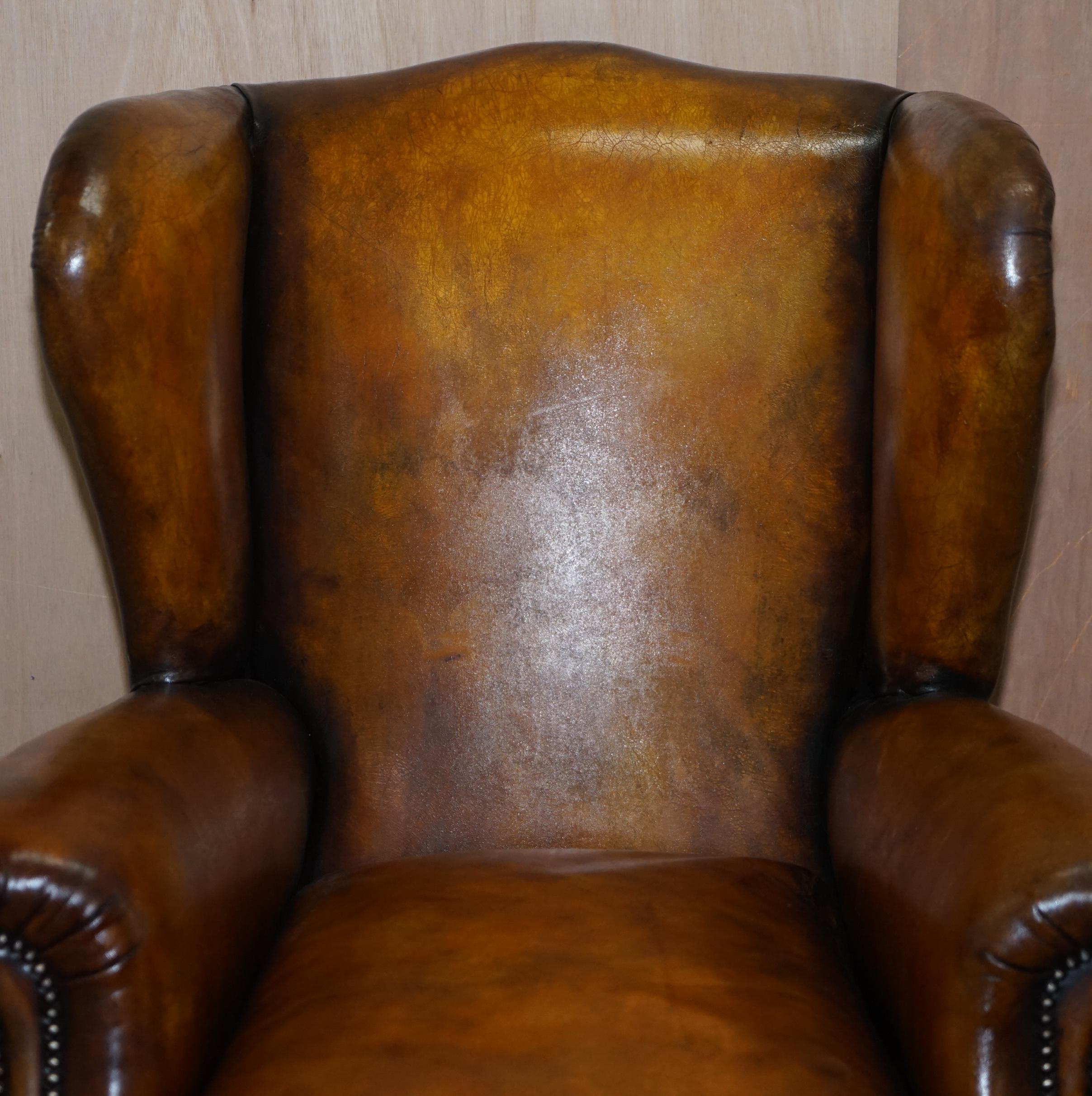 Hand-Crafted Rare Fully Restored Victorian Wingback Armchair Hand Dyed Brown Leather, Castors