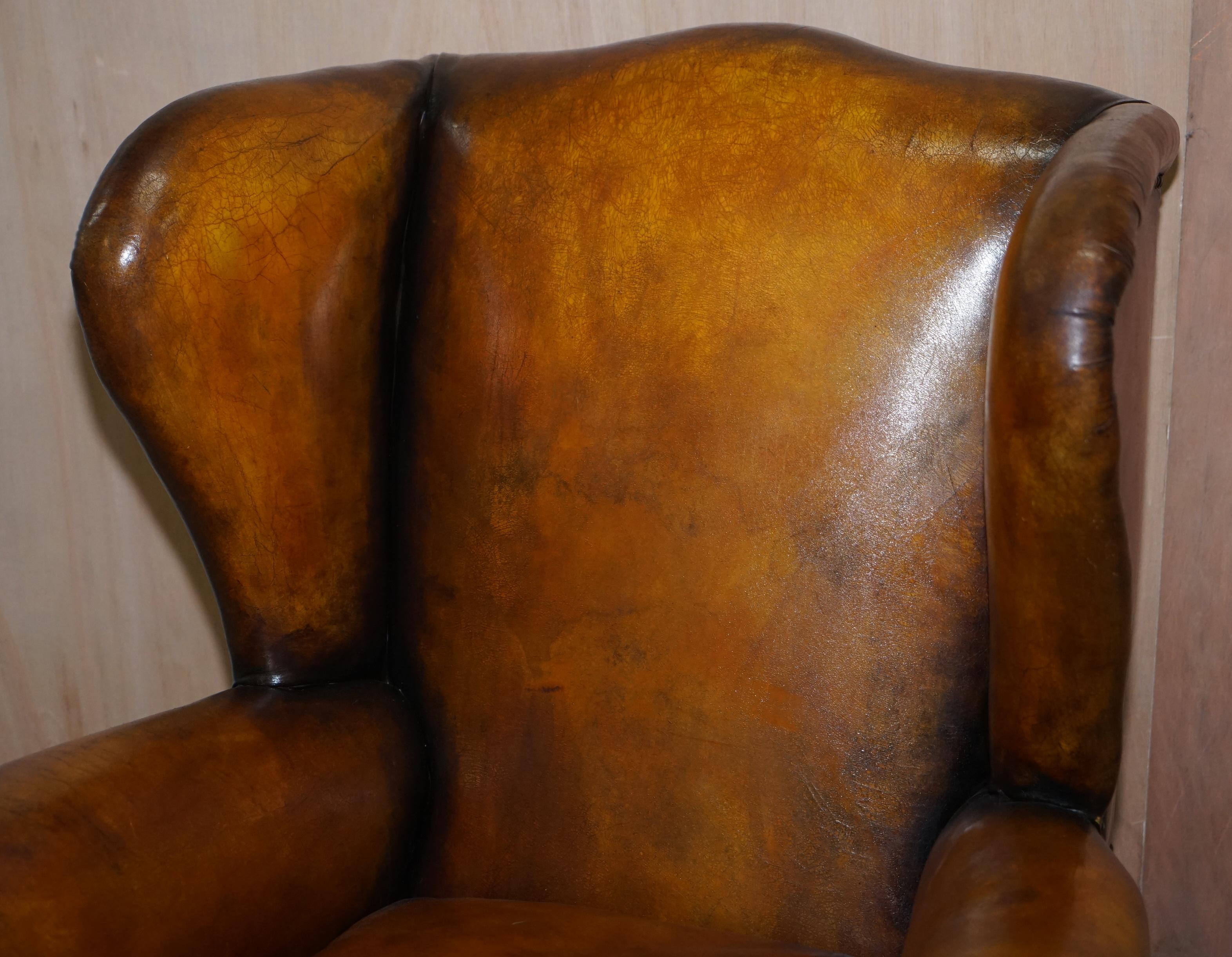 19th Century Rare Fully Restored Victorian Wingback Armchair Hand Dyed Brown Leather, Castors