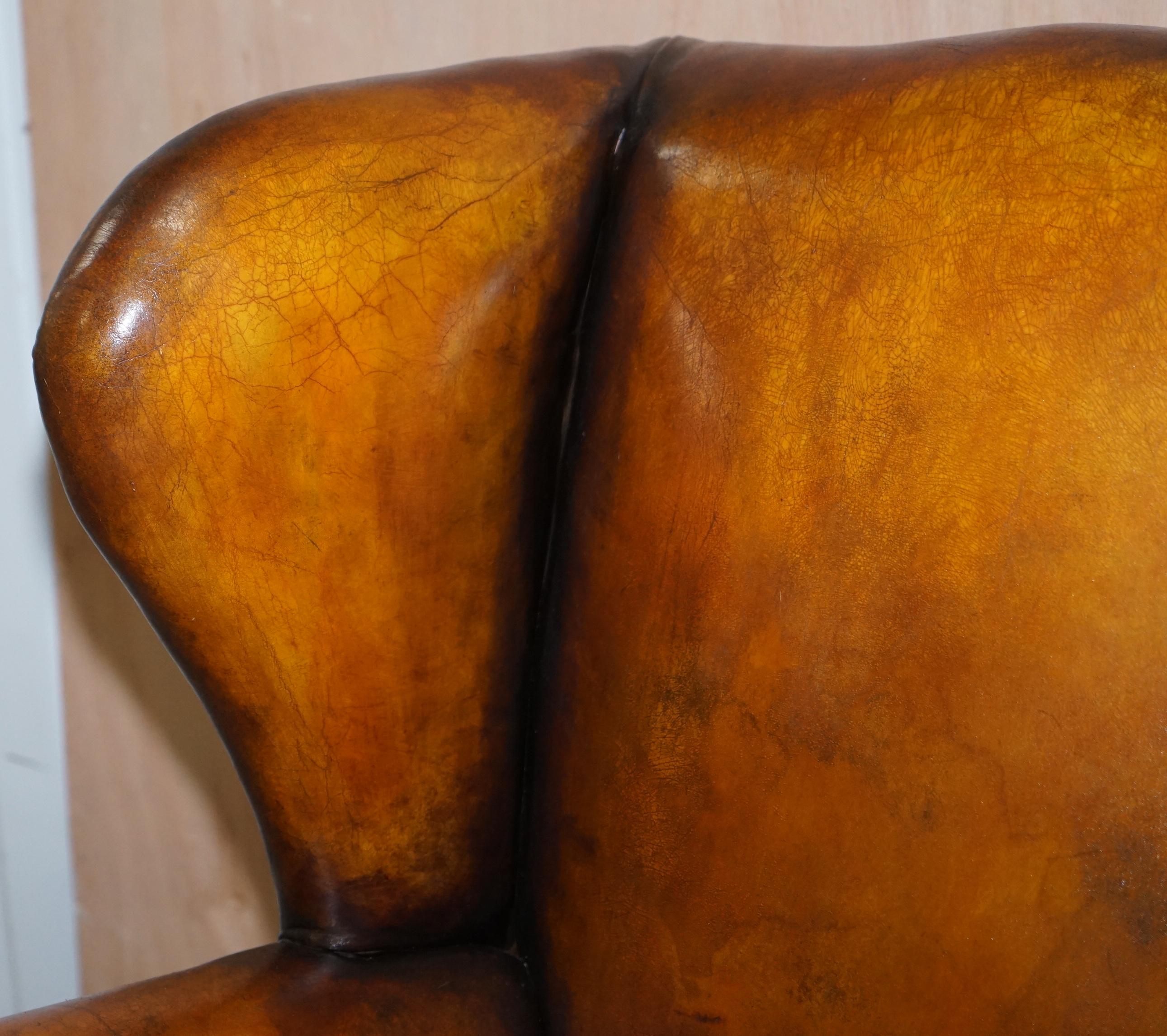 Rare Fully Restored Victorian Wingback Armchair Hand Dyed Brown Leather, Castors 1