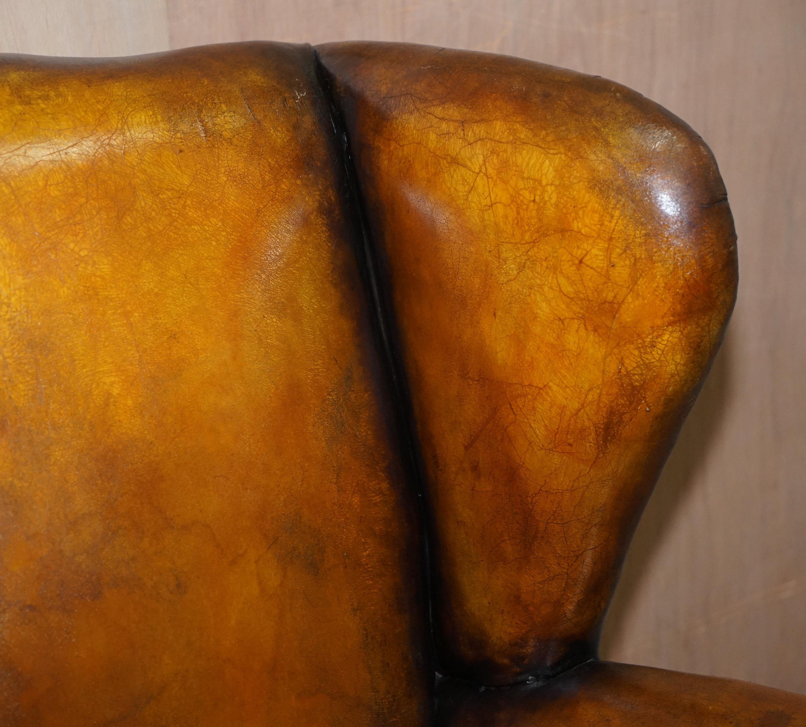Rare Fully Restored Victorian Wingback Armchair Hand Dyed Brown Leather, Castors 2