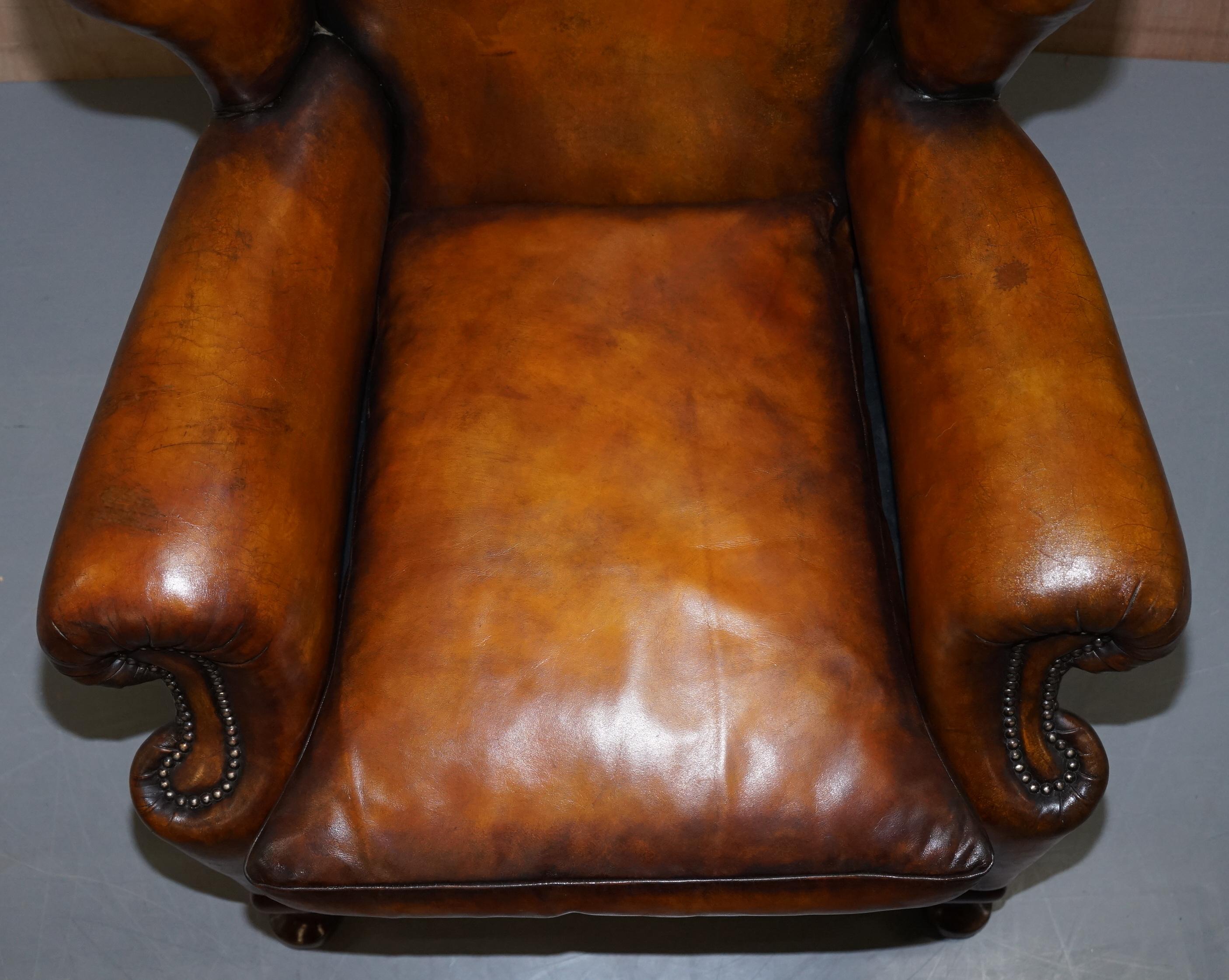 Rare Fully Restored Victorian Wingback Armchair Hand Dyed Brown Leather, Castors 3
