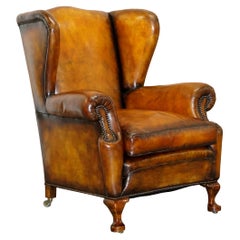 Rare Fully Restored Victorian Wingback Armchair Hand Dyed Brown Leather, Castors