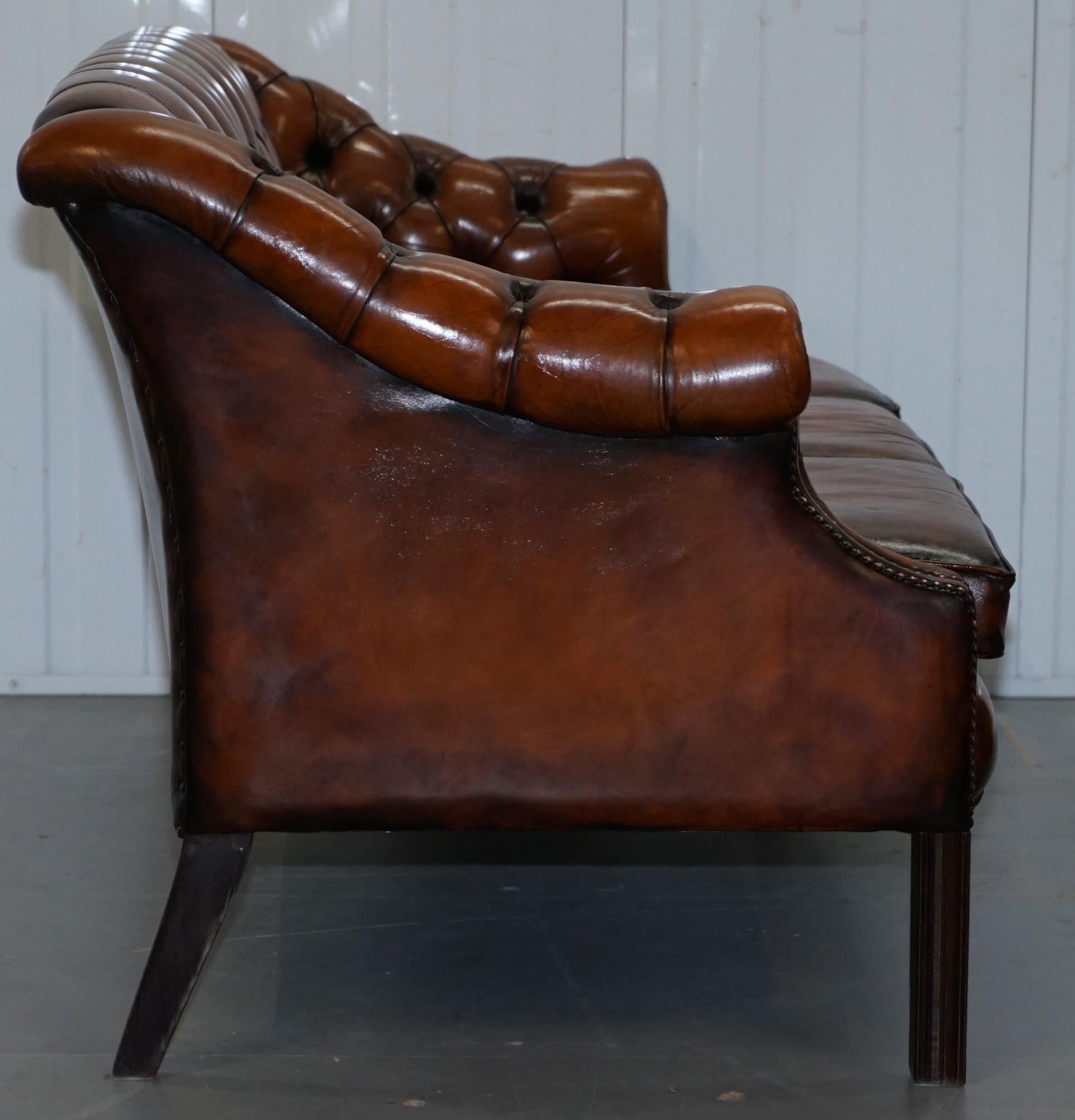 Rare Fully Restored Vintage Cigar Brown Leather Chesterfield Club 3-Seat Sofa 3