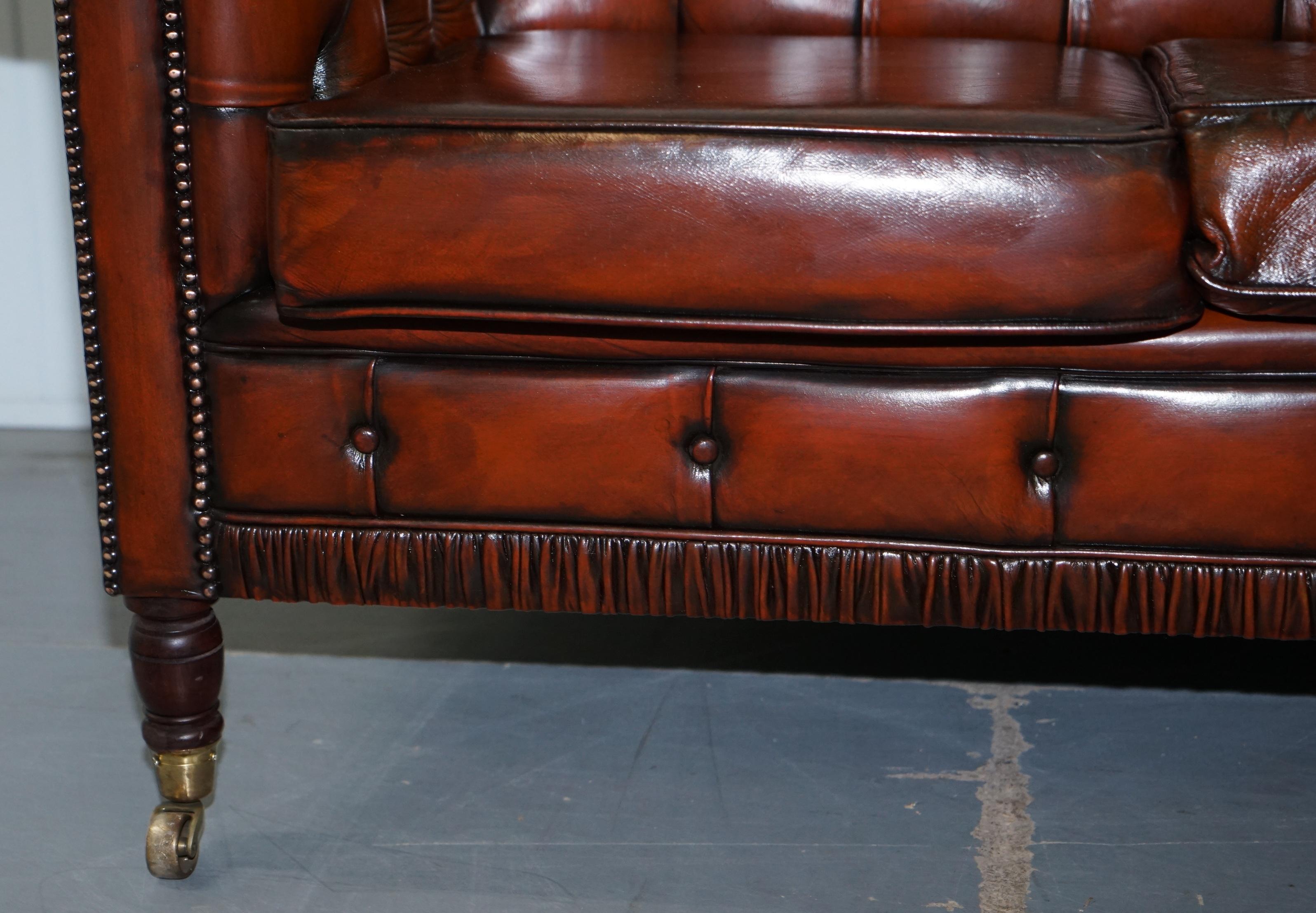 Rare Fully Restored Vintage Cigar Brown Leather Chesterfield Club 3-Seat Sofa 7