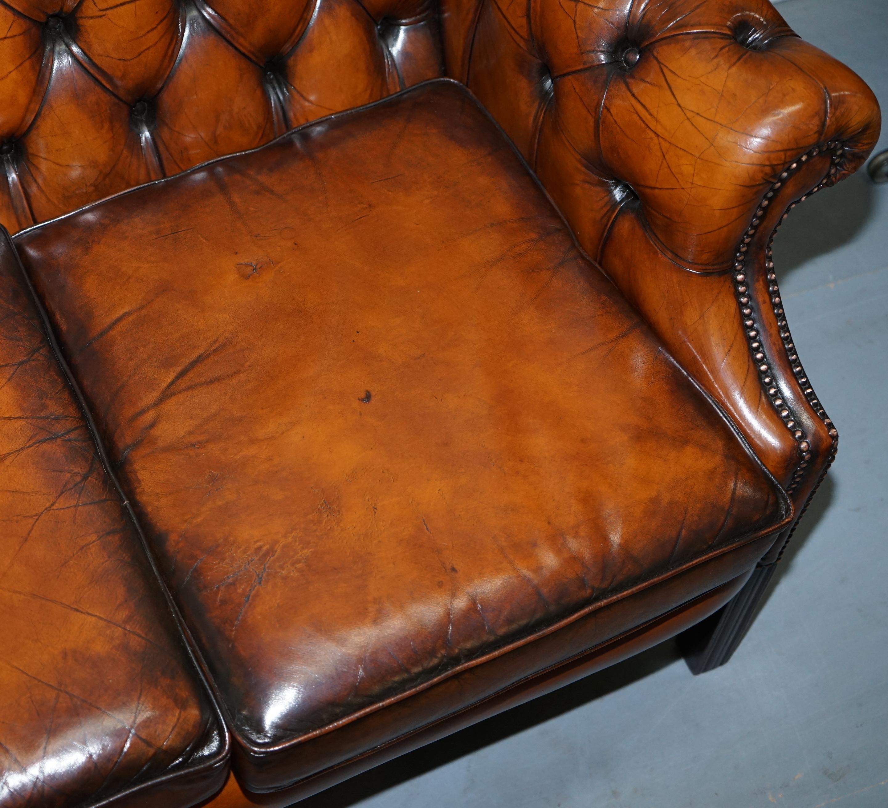 Rare Fully Restored Vintage Cigar Brown Leather Chesterfield Club 3-Seat Sofa 8