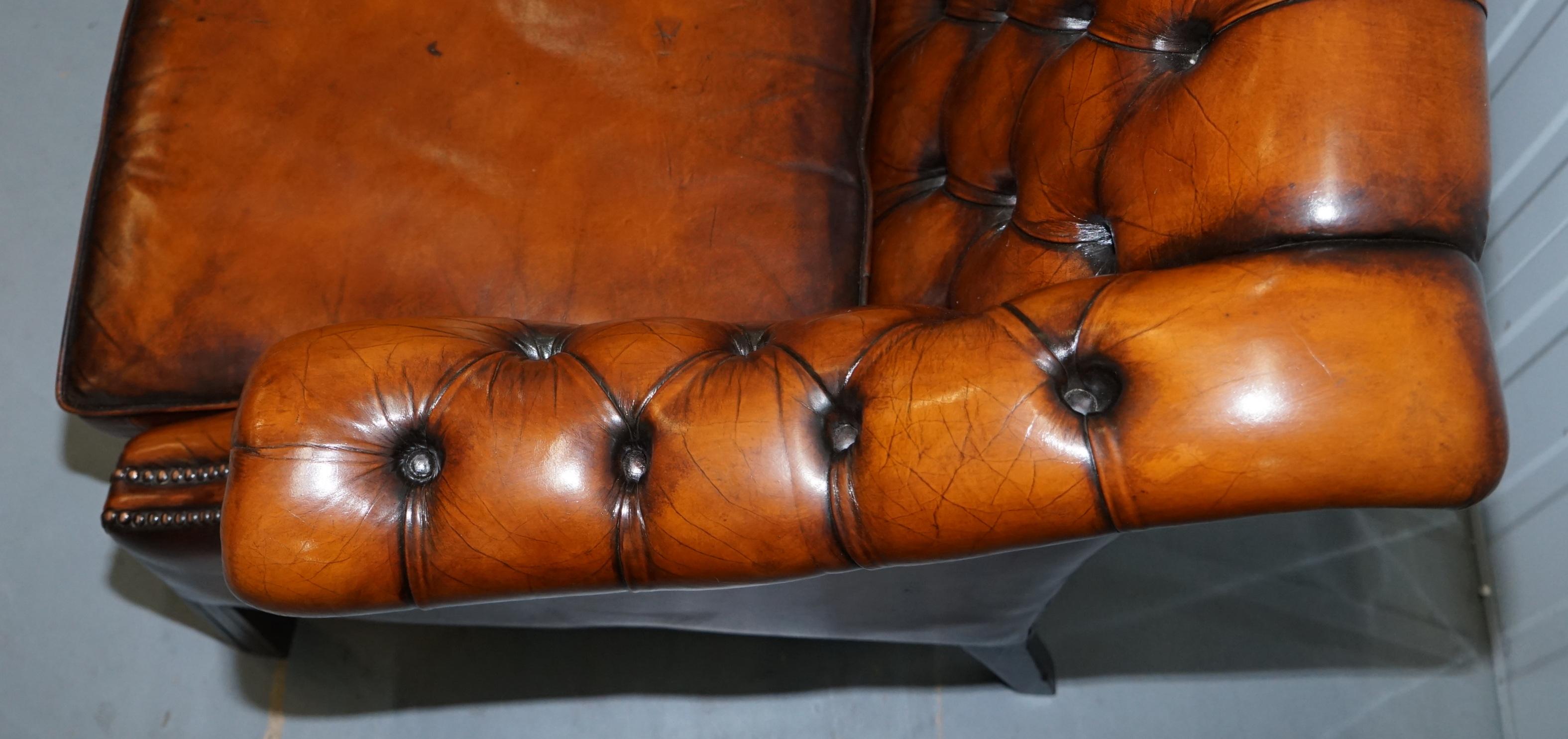 Rare Fully Restored Vintage Cigar Brown Leather Chesterfield Club 3-Seat Sofa 10