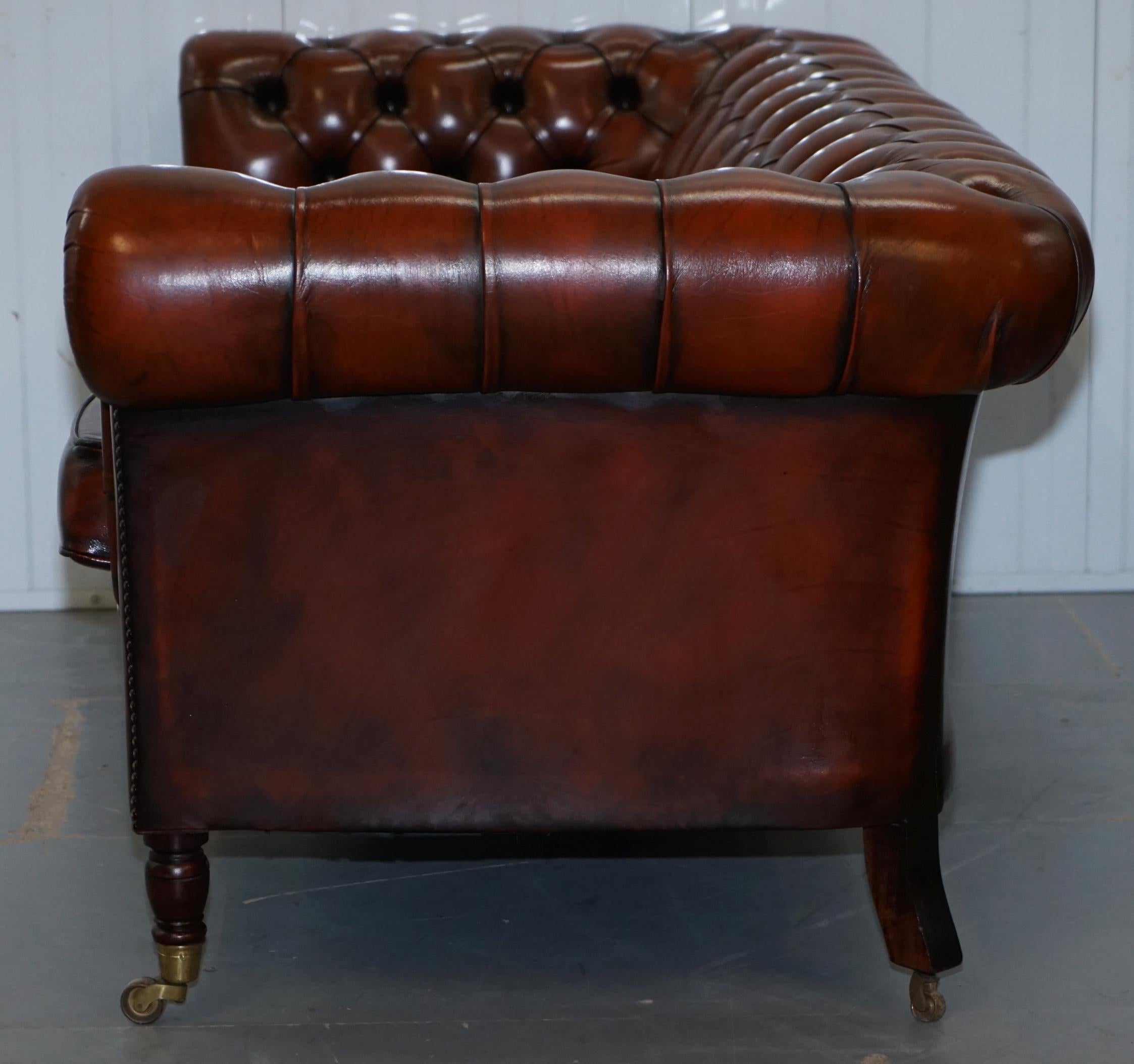 Rare Fully Restored Vintage Cigar Brown Leather Chesterfield Club 3-Seat Sofa 12