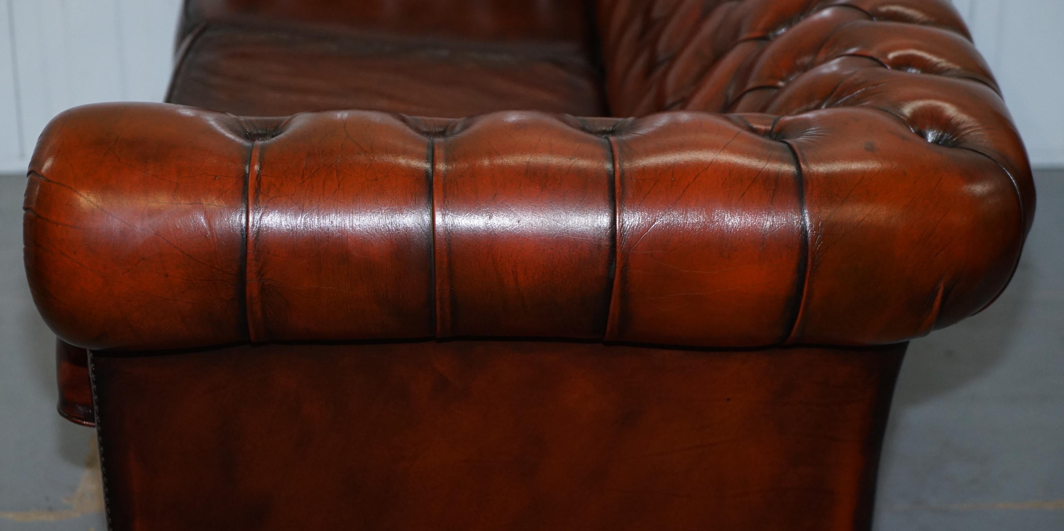 Rare Fully Restored Vintage Cigar Brown Leather Chesterfield Club 3-Seat Sofa 13