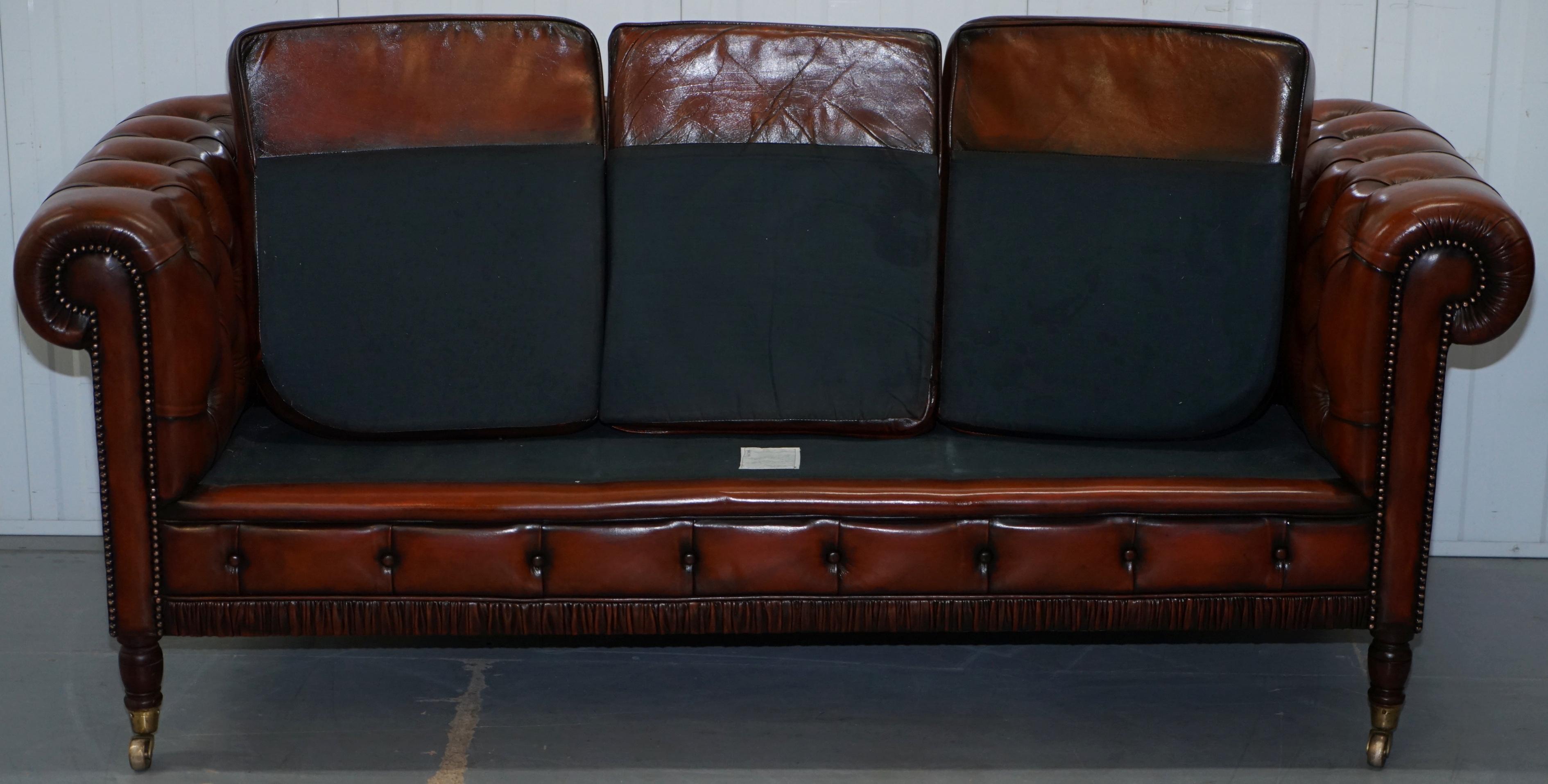 Rare Fully Restored Vintage Cigar Brown Leather Chesterfield Club 3-Seat Sofa 14
