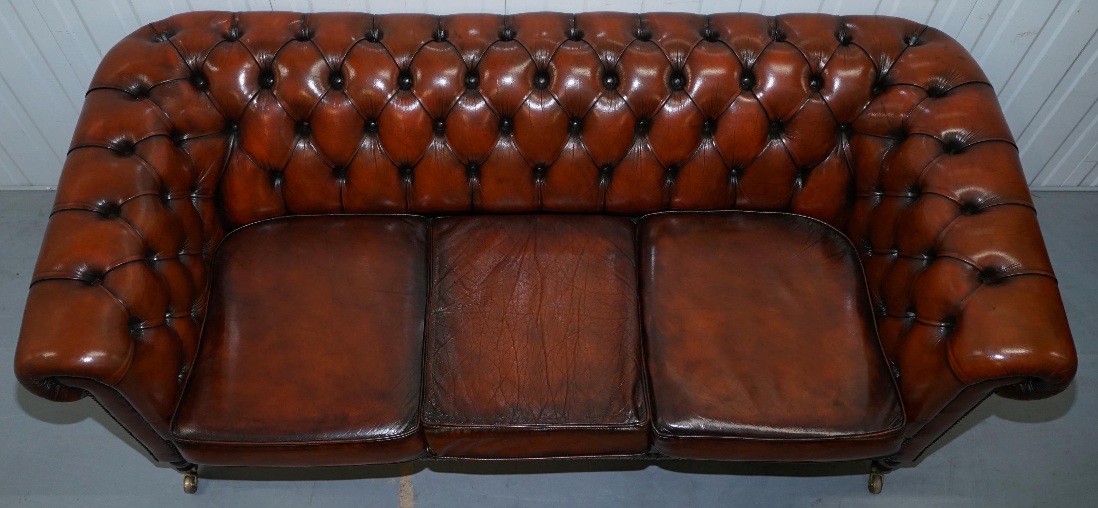 Hand-Crafted Rare Fully Restored Vintage Cigar Brown Leather Chesterfield Club 3-Seat Sofa