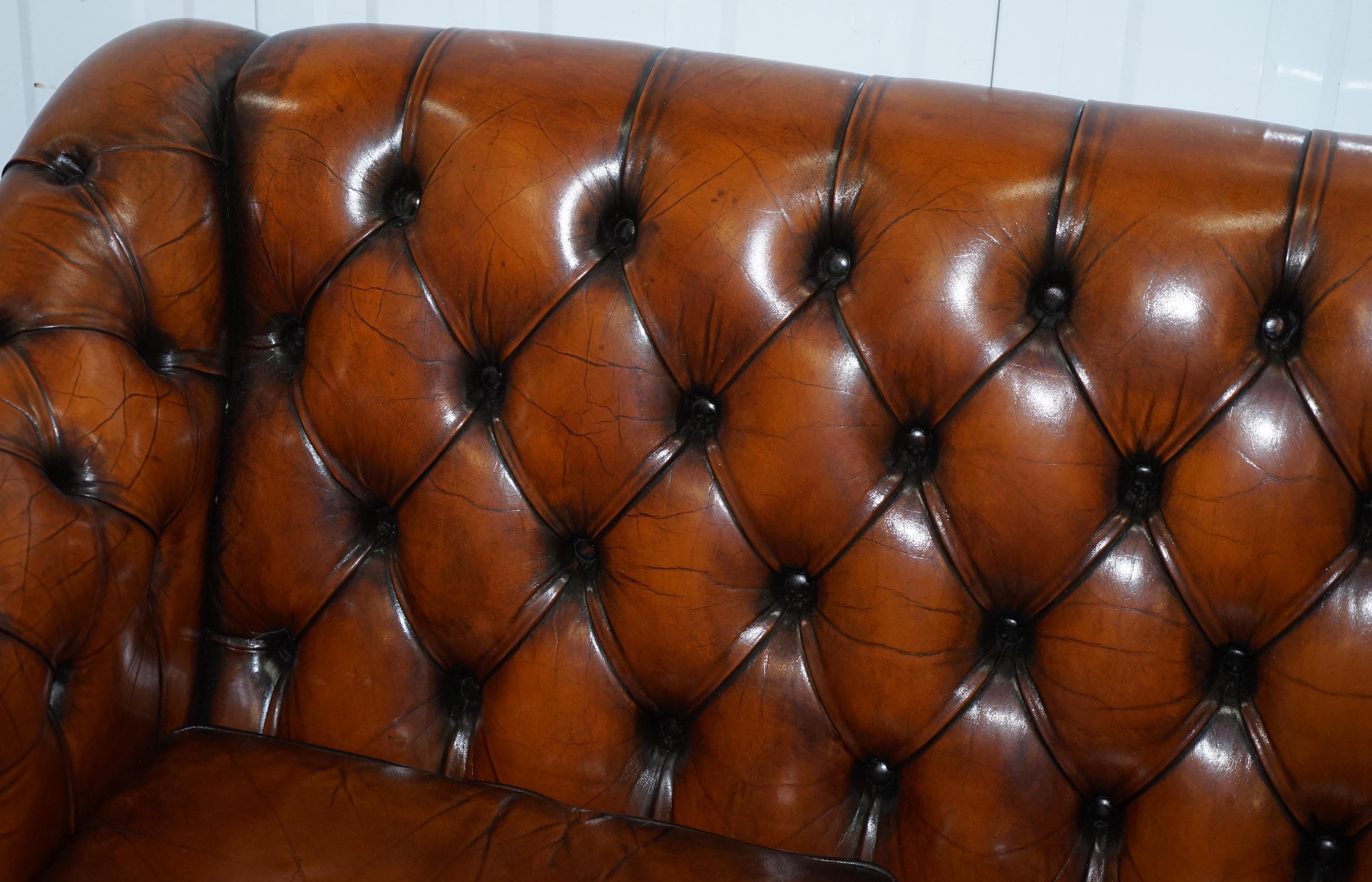 English Rare Fully Restored Vintage Cigar Brown Leather Chesterfield Club 3-Seat Sofa