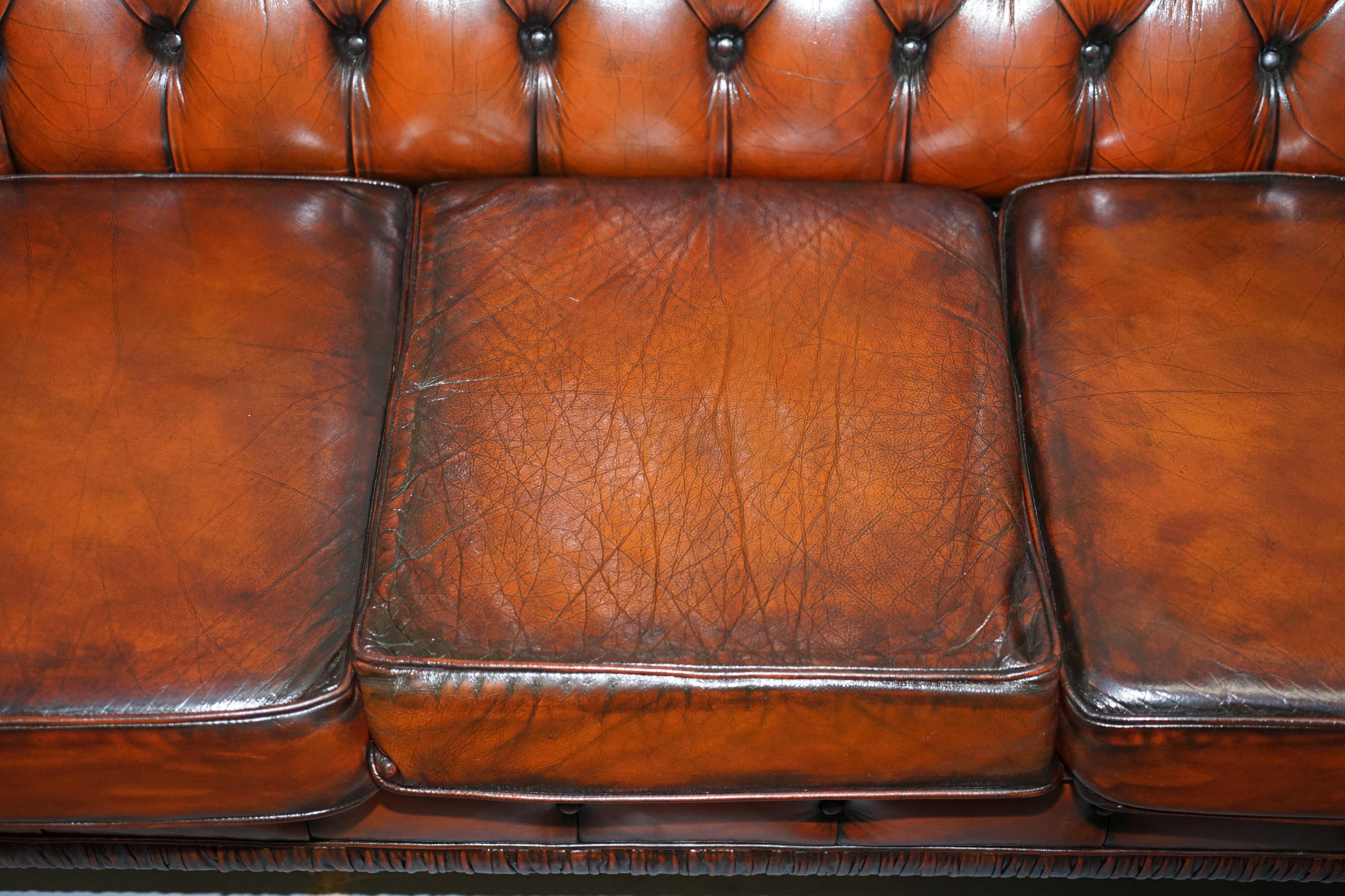 Rare Fully Restored Vintage Cigar Brown Leather Chesterfield Club 3-Seat Sofa 1