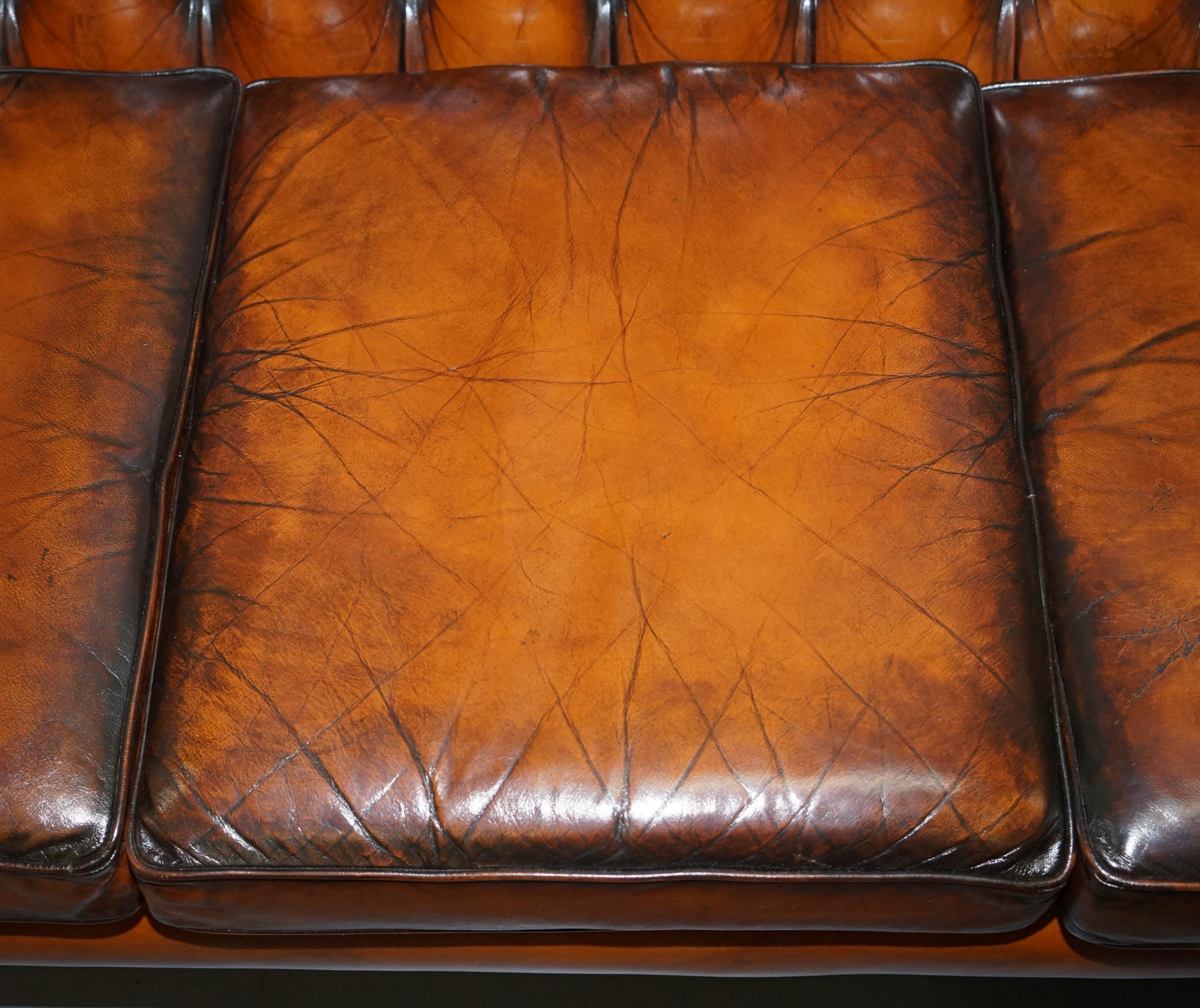 20th Century Rare Fully Restored Vintage Cigar Brown Leather Chesterfield Club 3-Seat Sofa