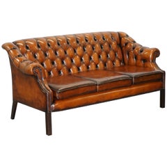 Rare Fully Restored Vintage Cigar Brown Leather Chesterfield Club 3-Seat Sofa