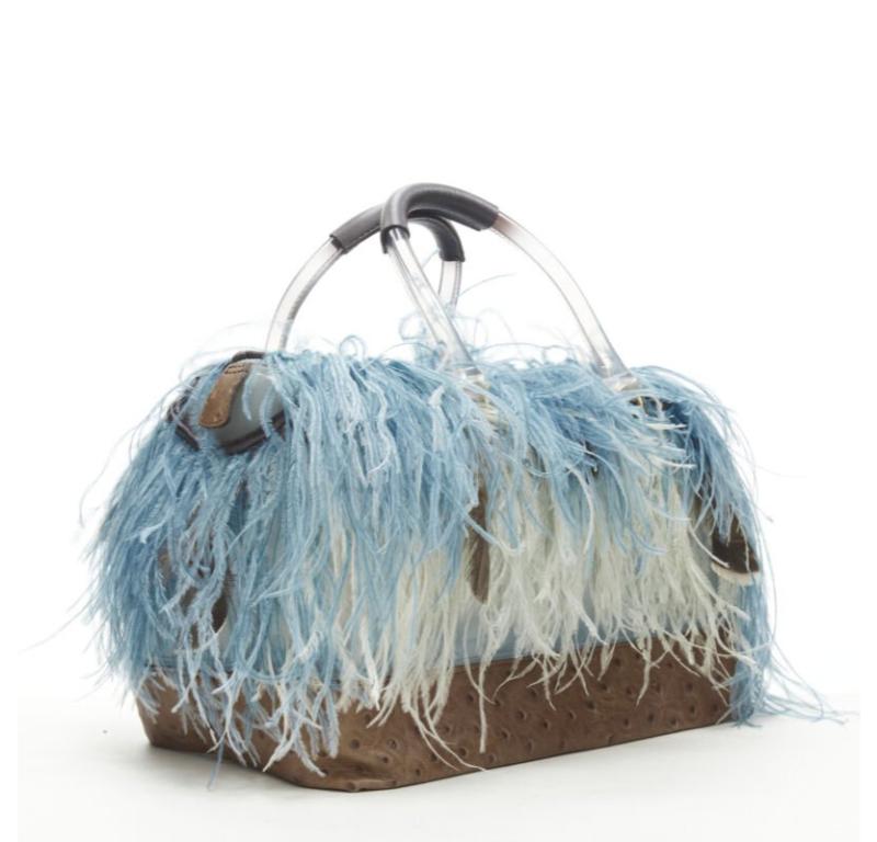 Gray rare FURLA Candy Burlesque limited edition feather trim PVC Boston bag