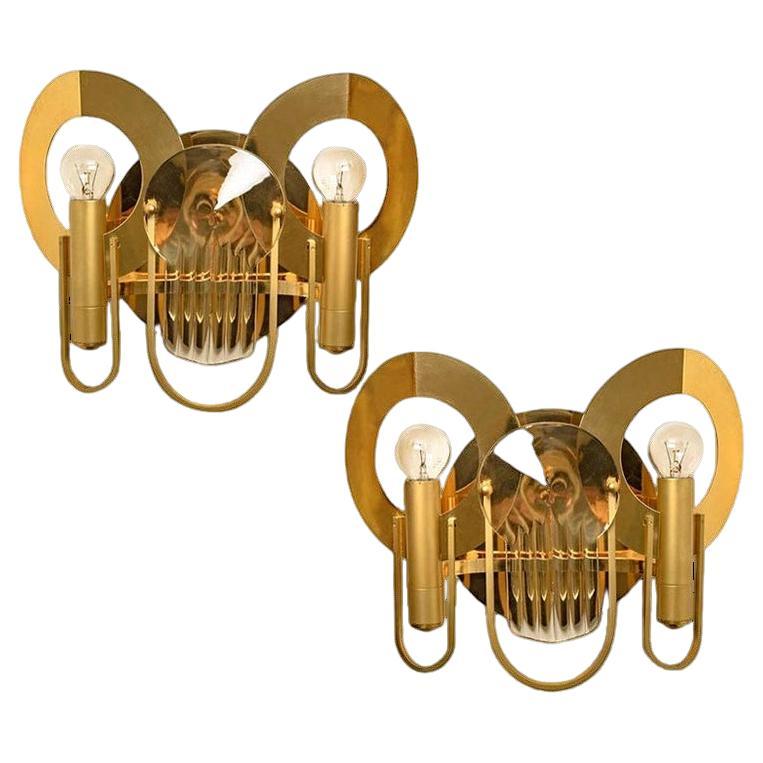Rare Gaetano Sciolari Brass and Glass Wall Sconces, 1970s