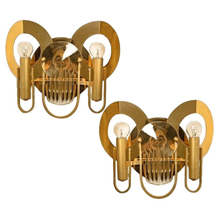 Rare appliques murales en laiton et verre de Gaetano Sciolari, 1970