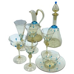Rare Galliano Ferro 1950s Venetian Glass Stemware with Bowls, Plates & Bottles