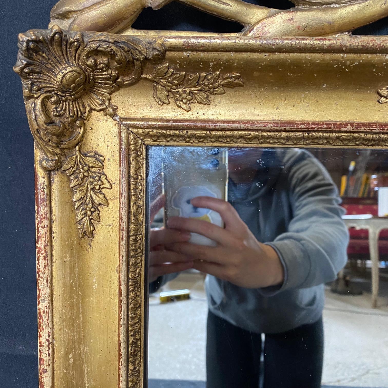 Rare Gem French Antique Louis XVI Mirror with Intricate Fronton Carving  For Sale 1