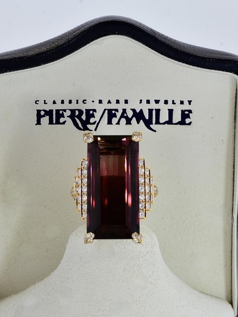 Rare Gem Specimen Large Natural Deep Red Rubellite 34.77 cts. & Diamond 18K Ring For Sale 5