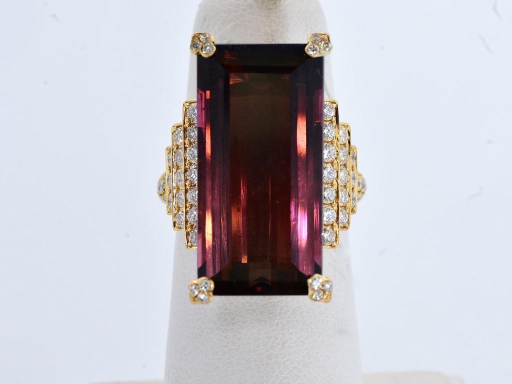 Rare Gem Specimen Large Natural Deep Red Rubellite 34.77 cts. & Diamond 18K Ring For Sale 3